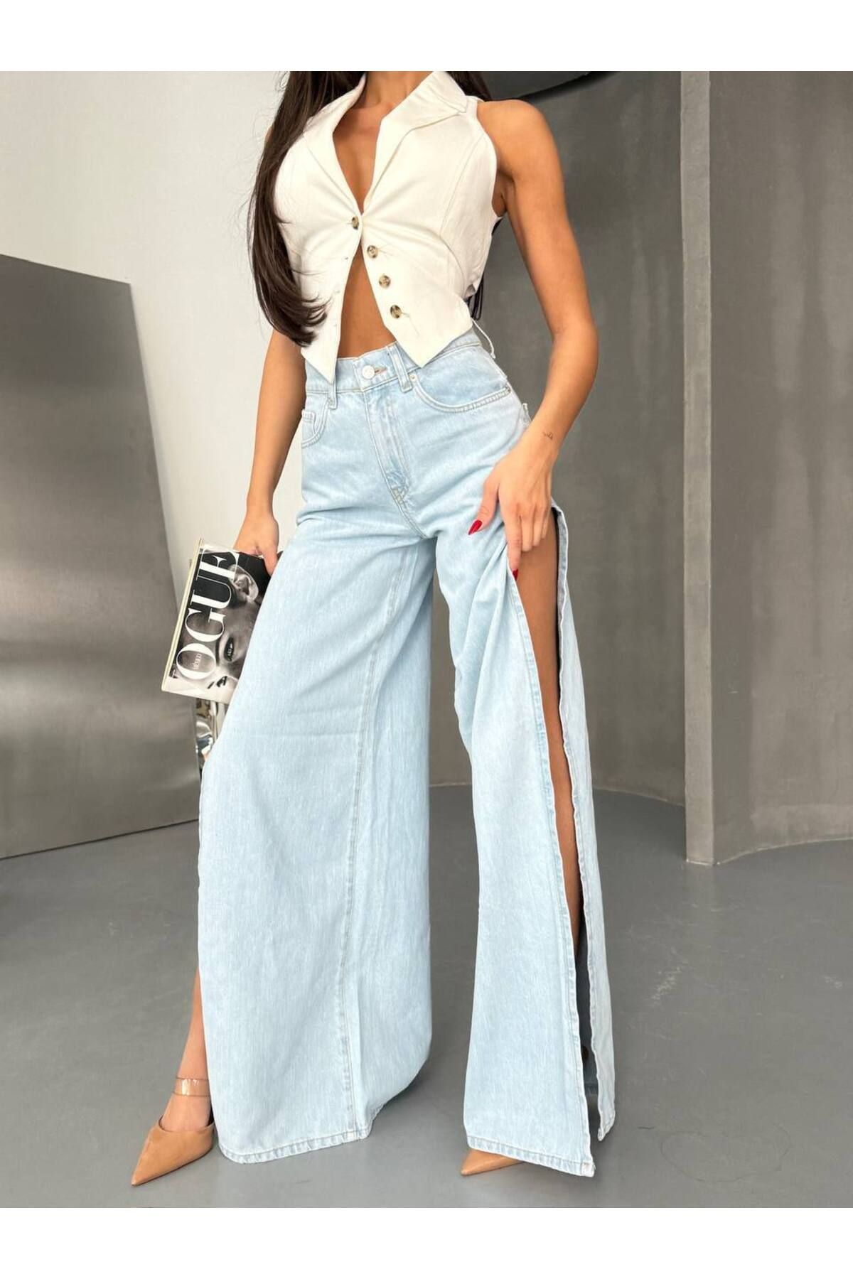 DENİKK TREND ÖZEL TASARIM BOL PAÇA RAHAT KALIP DENİM JEAN PALAZO BAGGY PANTOLON 30