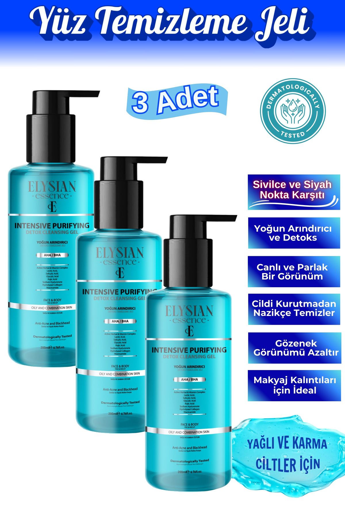 Elysian Essence Yoğun Arındırıcı Detoks Yüz Temizleme Jeli 3'lü Set - Akne Ve Siyah Nokta Karşıtı - Aha Bha
