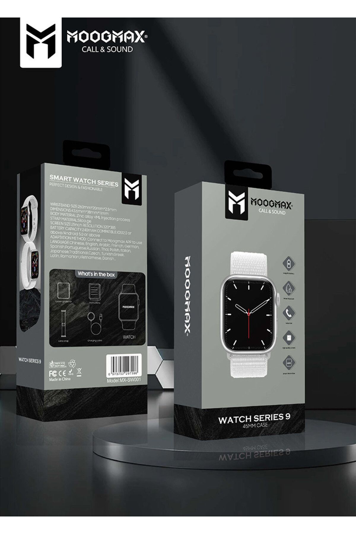 MOOGMAX-Series 9 smartwatch is water-resistant, has a high-resolution display, and a battery life of up to 10 days. It supports all notifications. 4