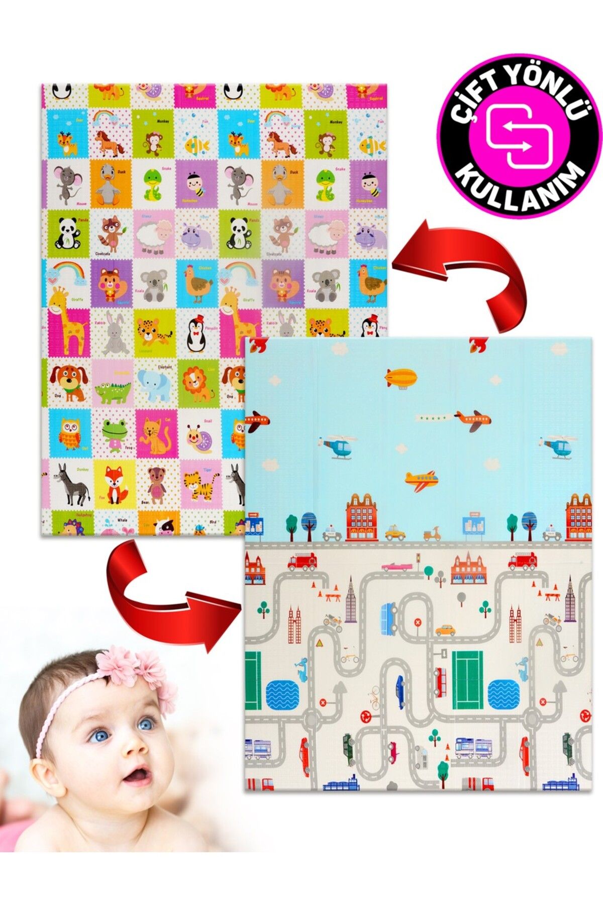 ToyznKidz Taşıt ve Hayvan Resimli Katlanabilir Oyun Halısı 180x200 cm (Çantalı)