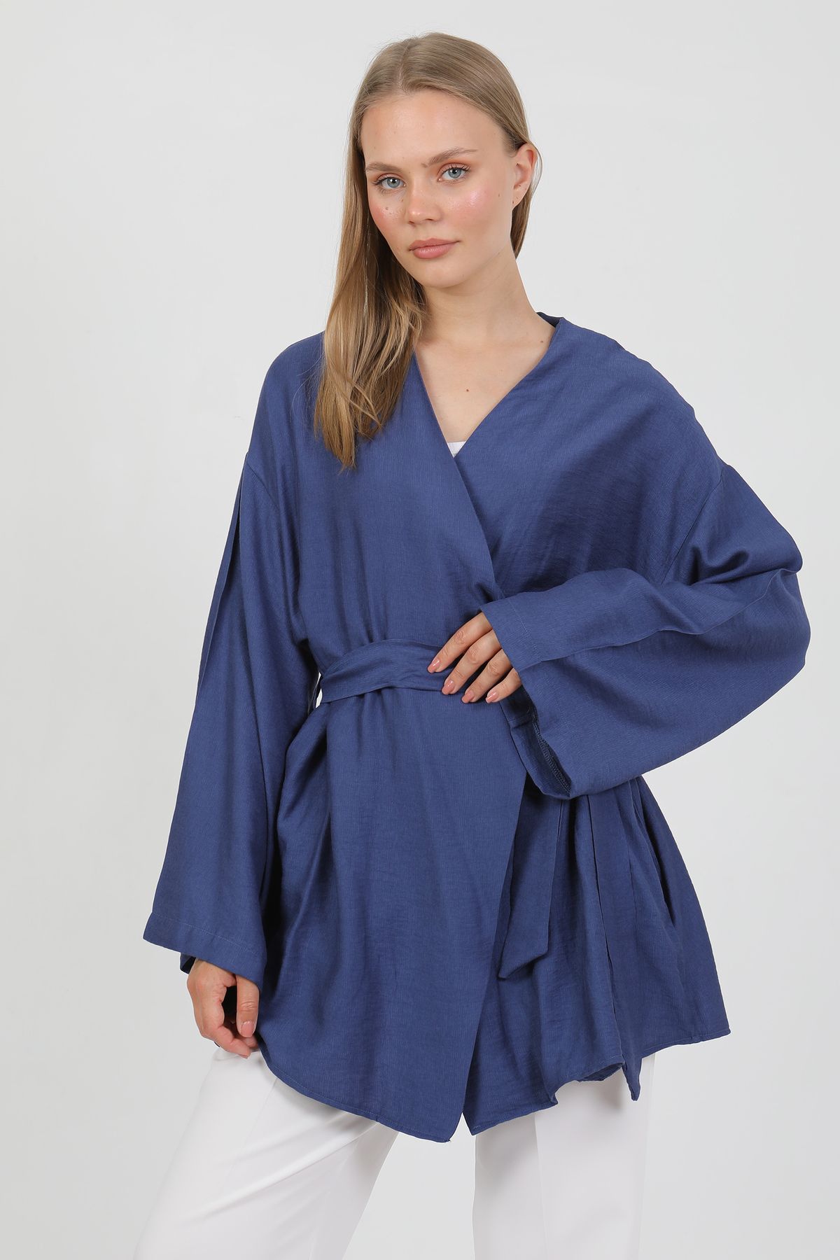 PASTELASTORE Doğal Viskon Kumaş Cepli Kemerli Kadın Kimono 1168 – Yakasız, Hafif, Dökümlü, Yazlık Model