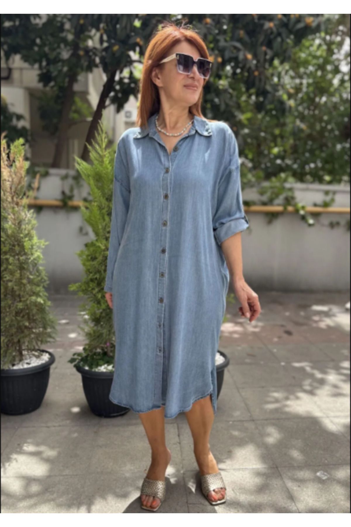 DenizEge Tüm Düğme Liyosel Dökümlü Kot Elbise