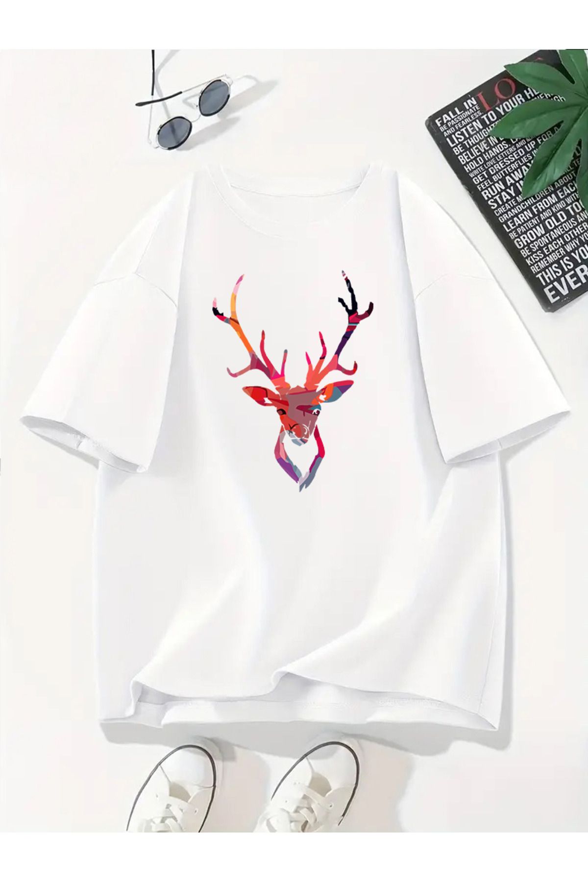 MODA Unisex Oversize Kalıp Geyik Baskılı T-Shirt
