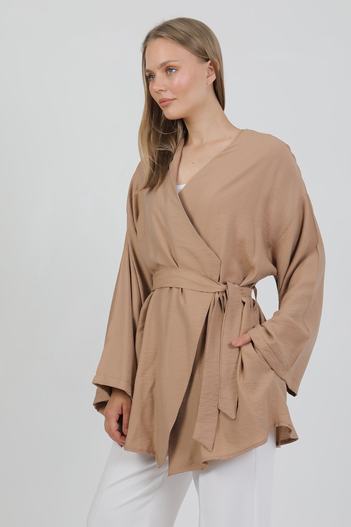 PASTELASTORE Doğal Viskon Kumaş Cepli Kemerli Kadın Kimono 1168 – Yakasız, Hafif, Dökümlü, Yazlık Model