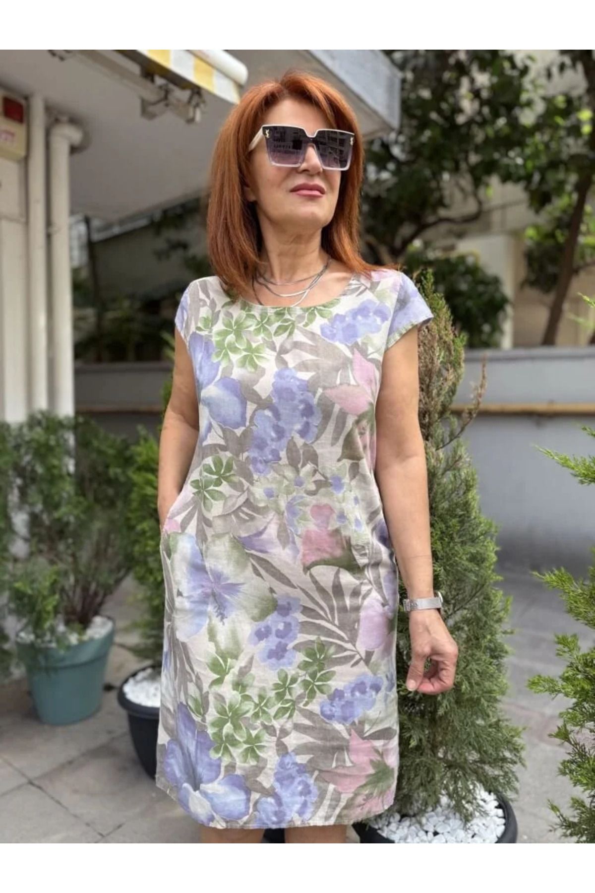 DenizEge Bella İtalyan Keten Elbise Bej