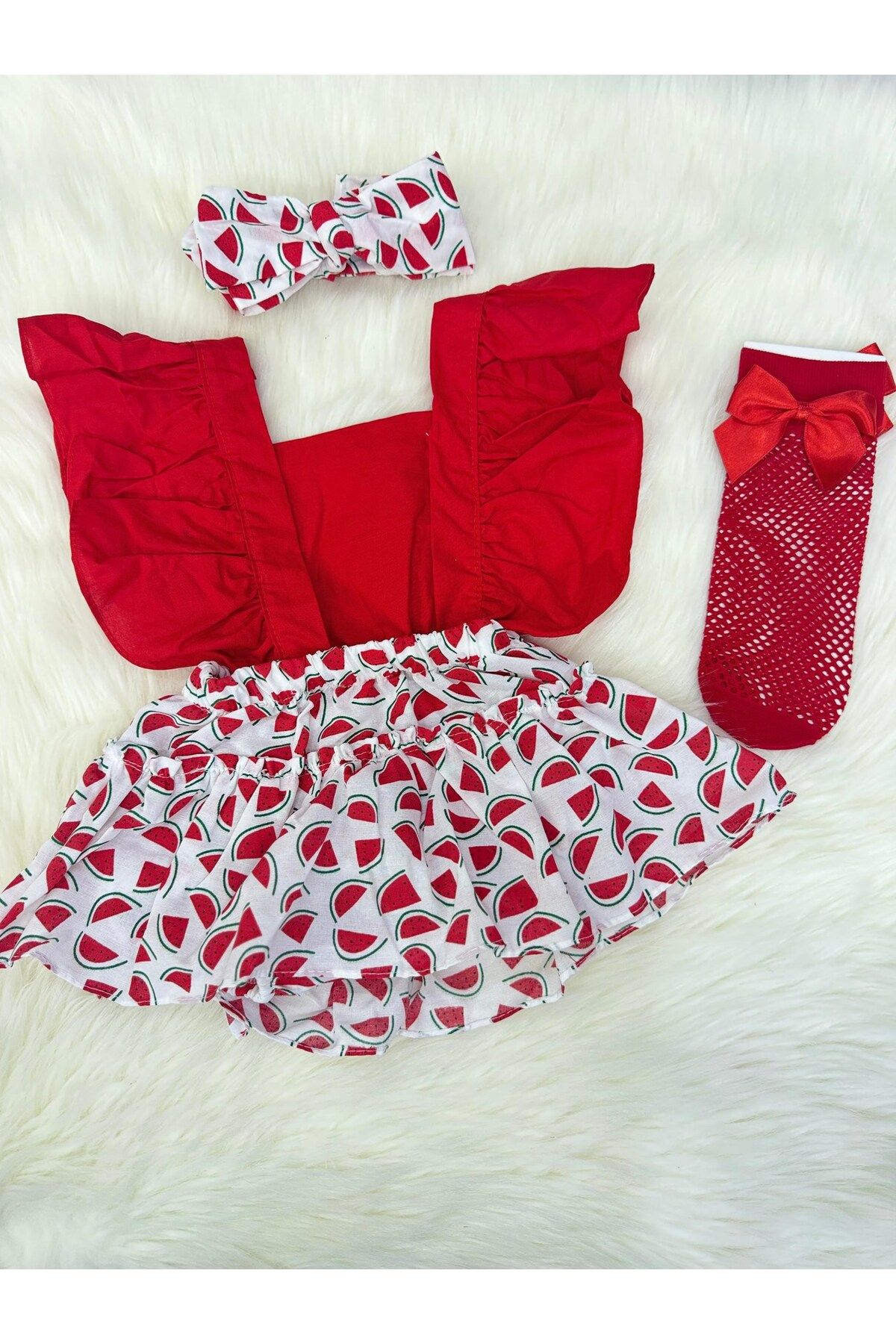 ŞAPKAKİDS KARPUZ SLOPET BANDANA VE KIRMIZI FİLE ÇORAP SET