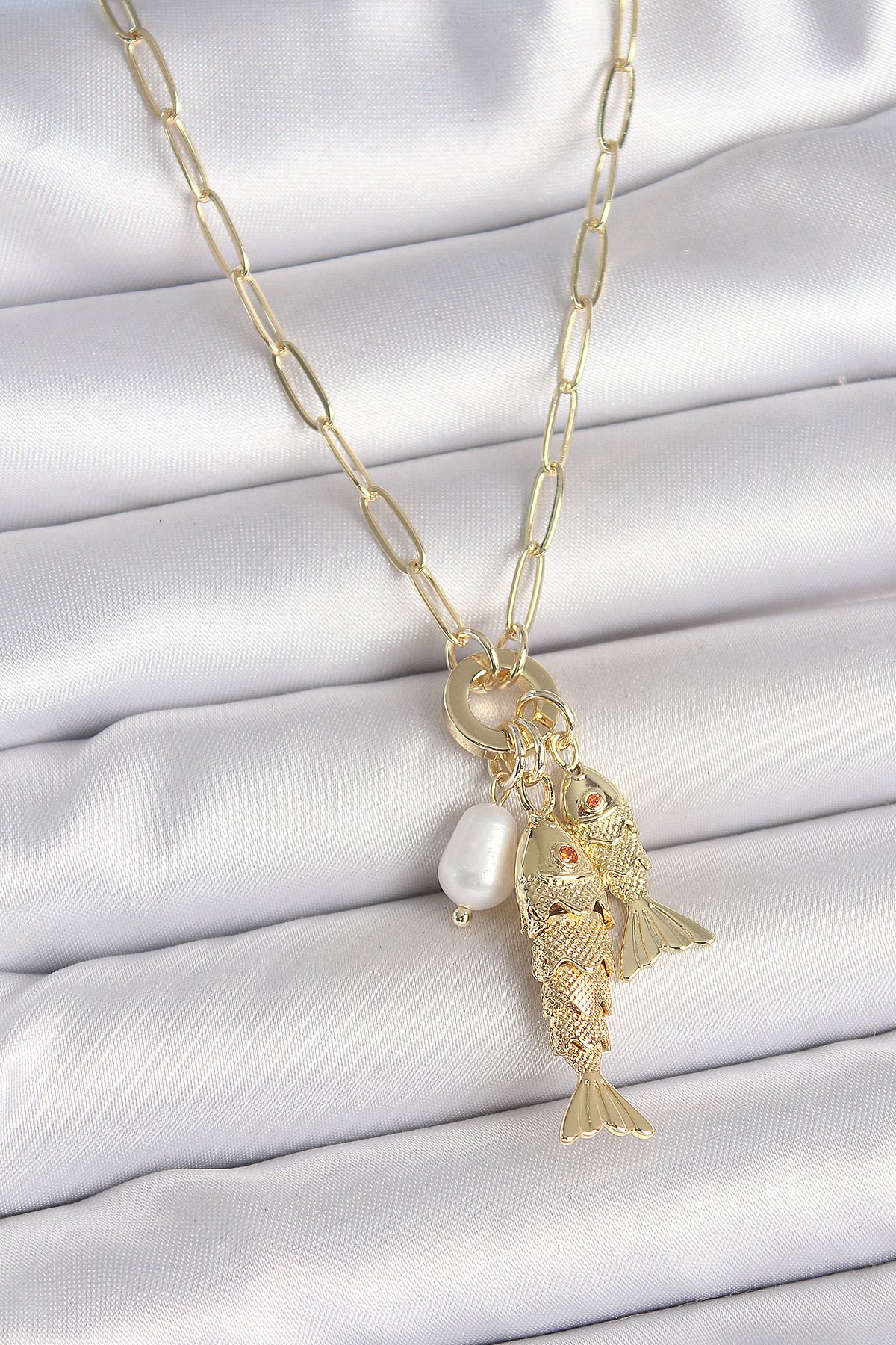 callerrons accessories İnci Detaylı Zirkon Taşlı Çiftli Balık Figürlü Gold Renk Pirinç Kolye - EBJ250530W34262