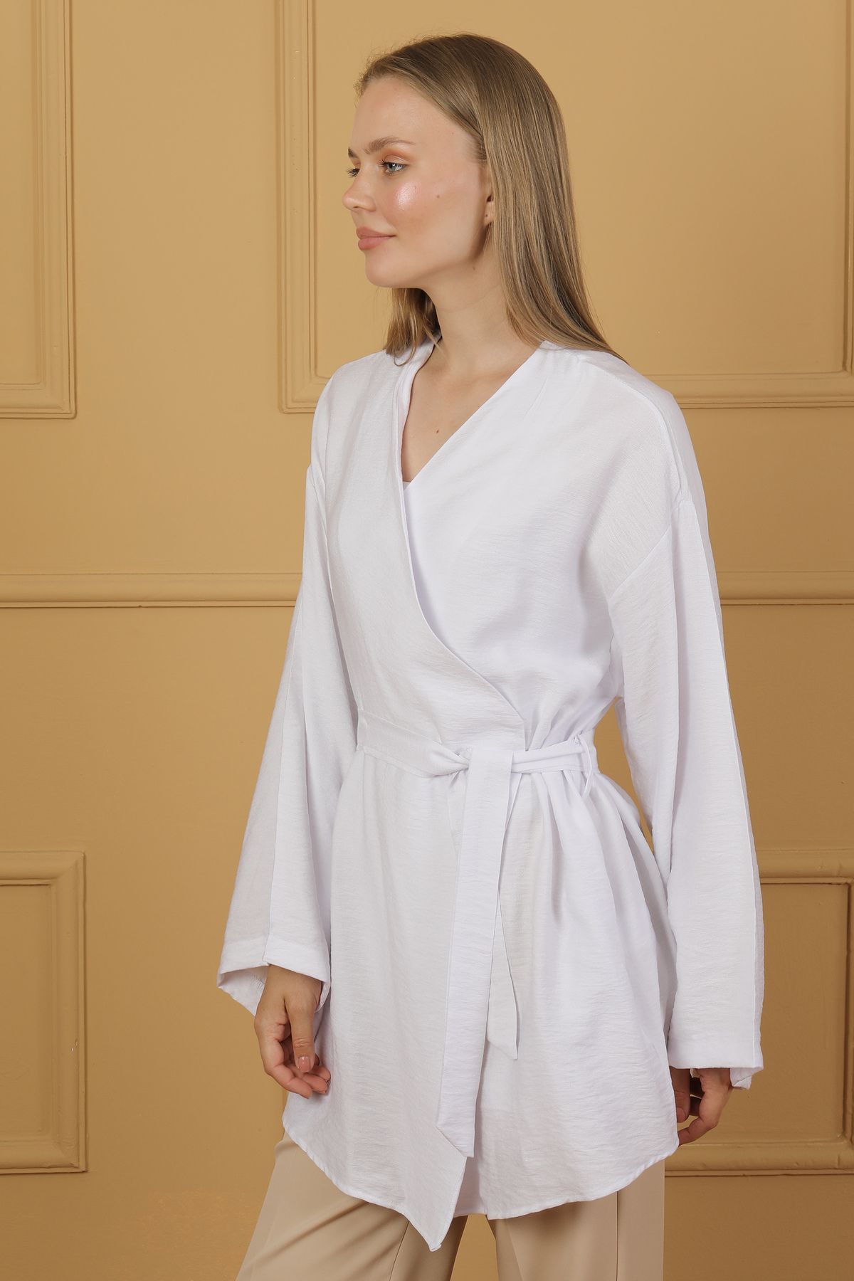 PASTELASTORE Doğal Viskon Kumaş Cepli Kemerli Kadın Kimono 1168 – Yakasız, Hafif, Dökümlü, Yazlık Model