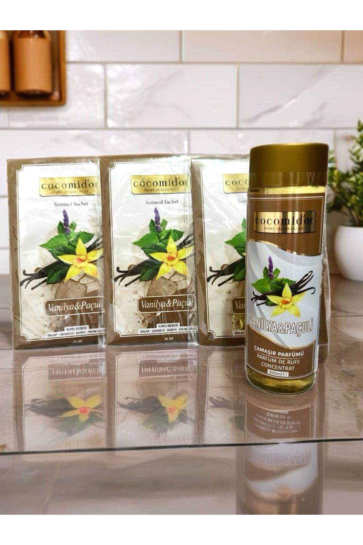 Cocomidor Vanilya & Paçuli Koku Seti – Çamaşır Parfümü + 3'lü Koku Kesesi