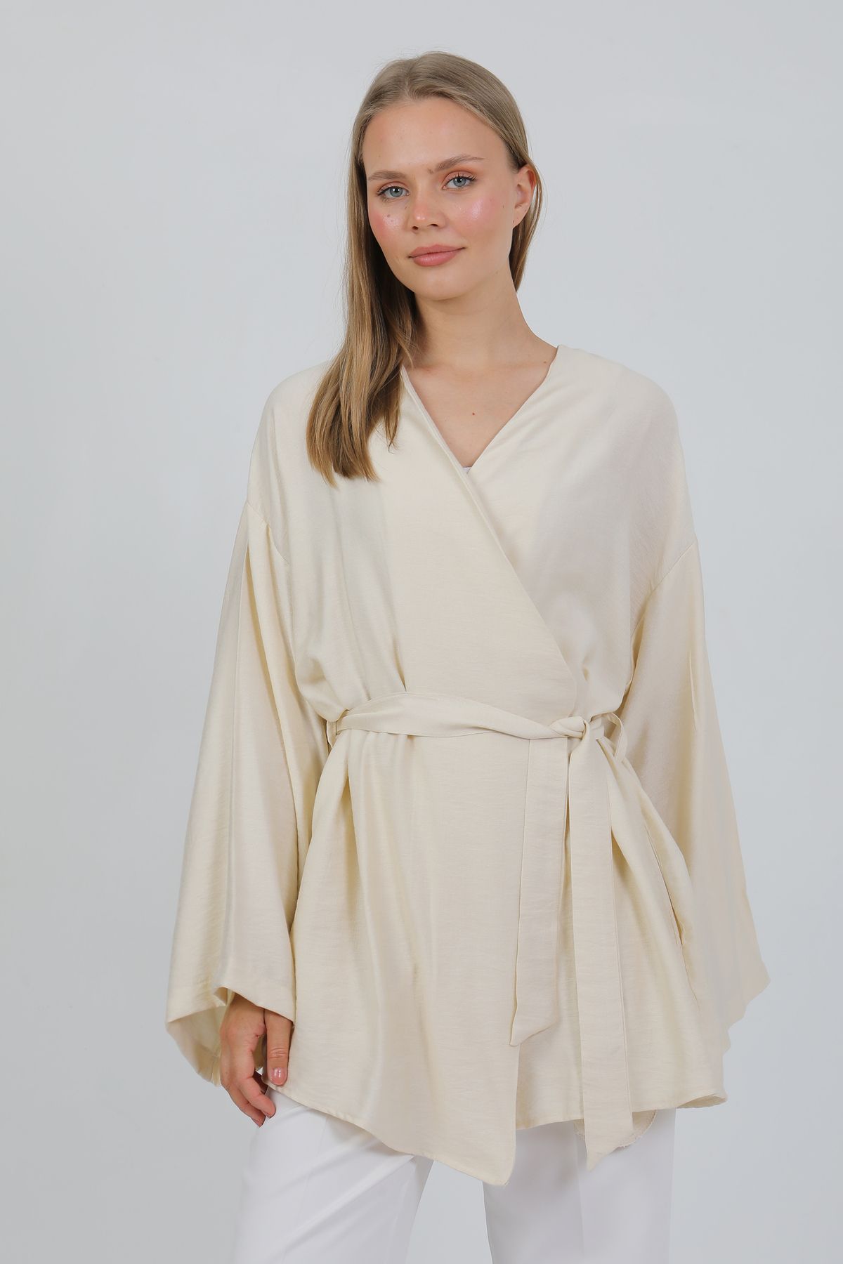 PASTELASTORE Doğal Viskon Kumaş Cepli Kemerli Kadın Kimono 1168 – Yakasız, Hafif, Dökümlü, Yazlık Model