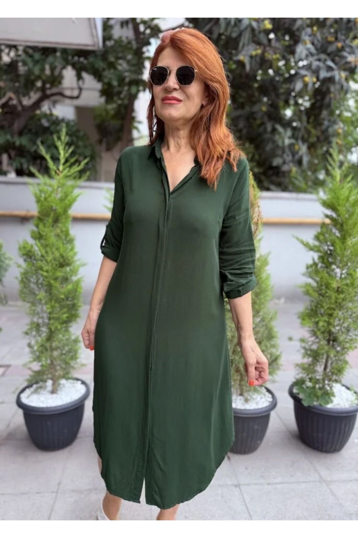 DenizEge Viskon Gömlek Elbise Ördekbaşı Yeşil