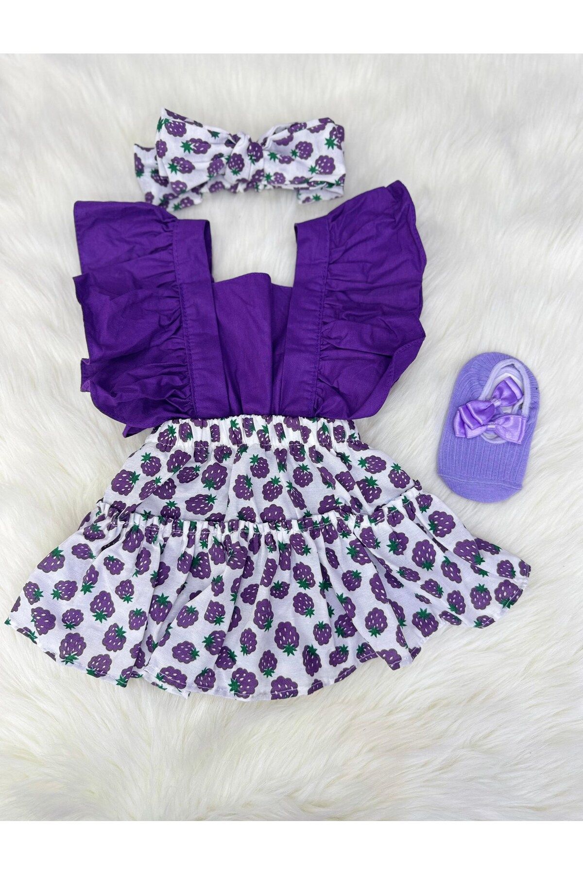 ŞAPKAKİDS BÖĞÜRTLEN SLOPET BANDANA VE LİLA BABET ÇORAP SET
