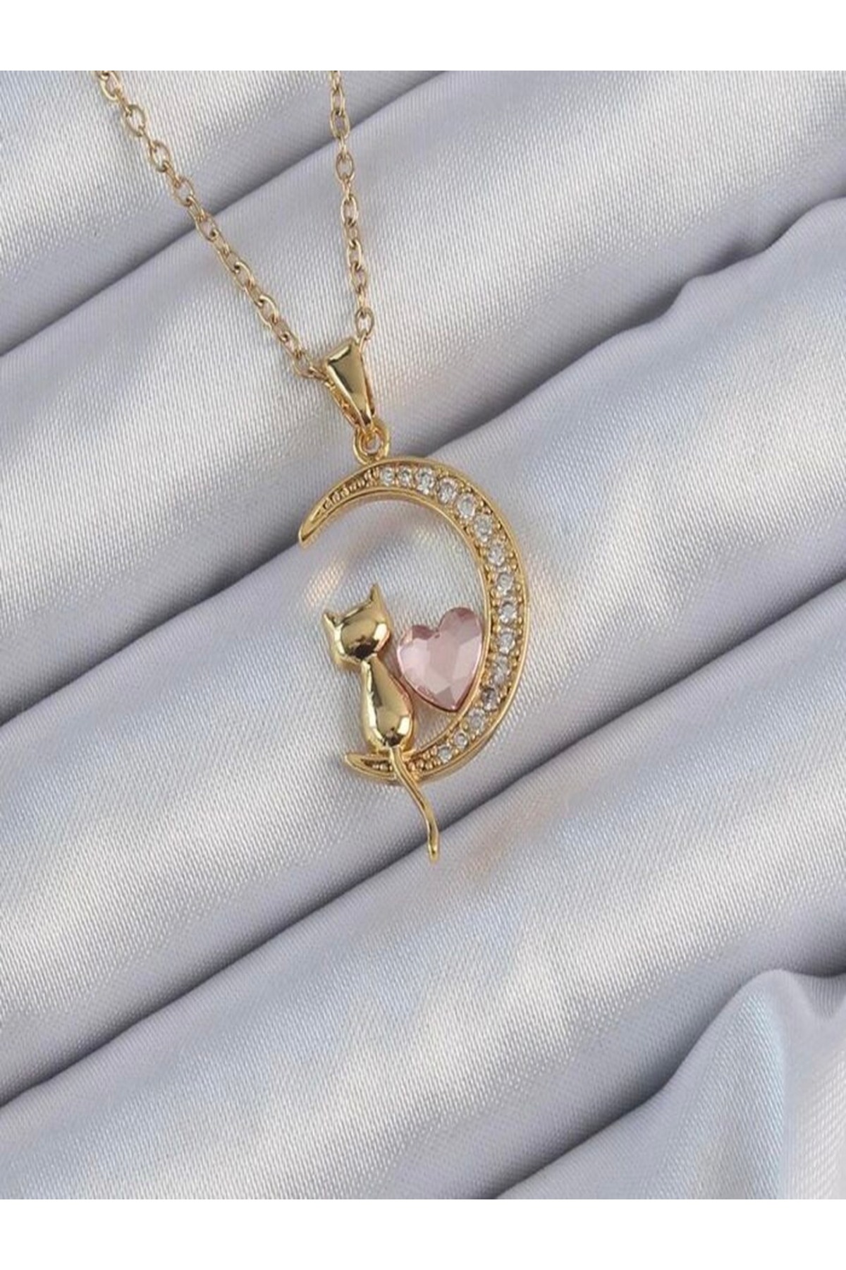 Herşey Nota Pink Stone Cat Figured Women's Necklace – Gold Color
