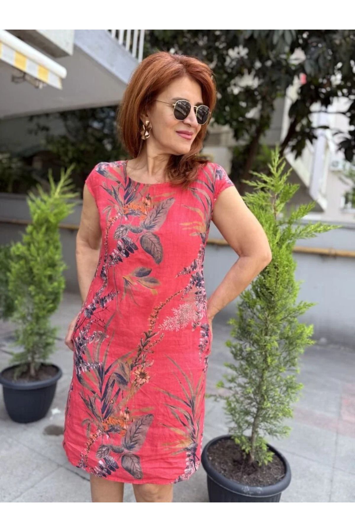 DenizEge Leaf İtalyan Keten Elbise Fuşya