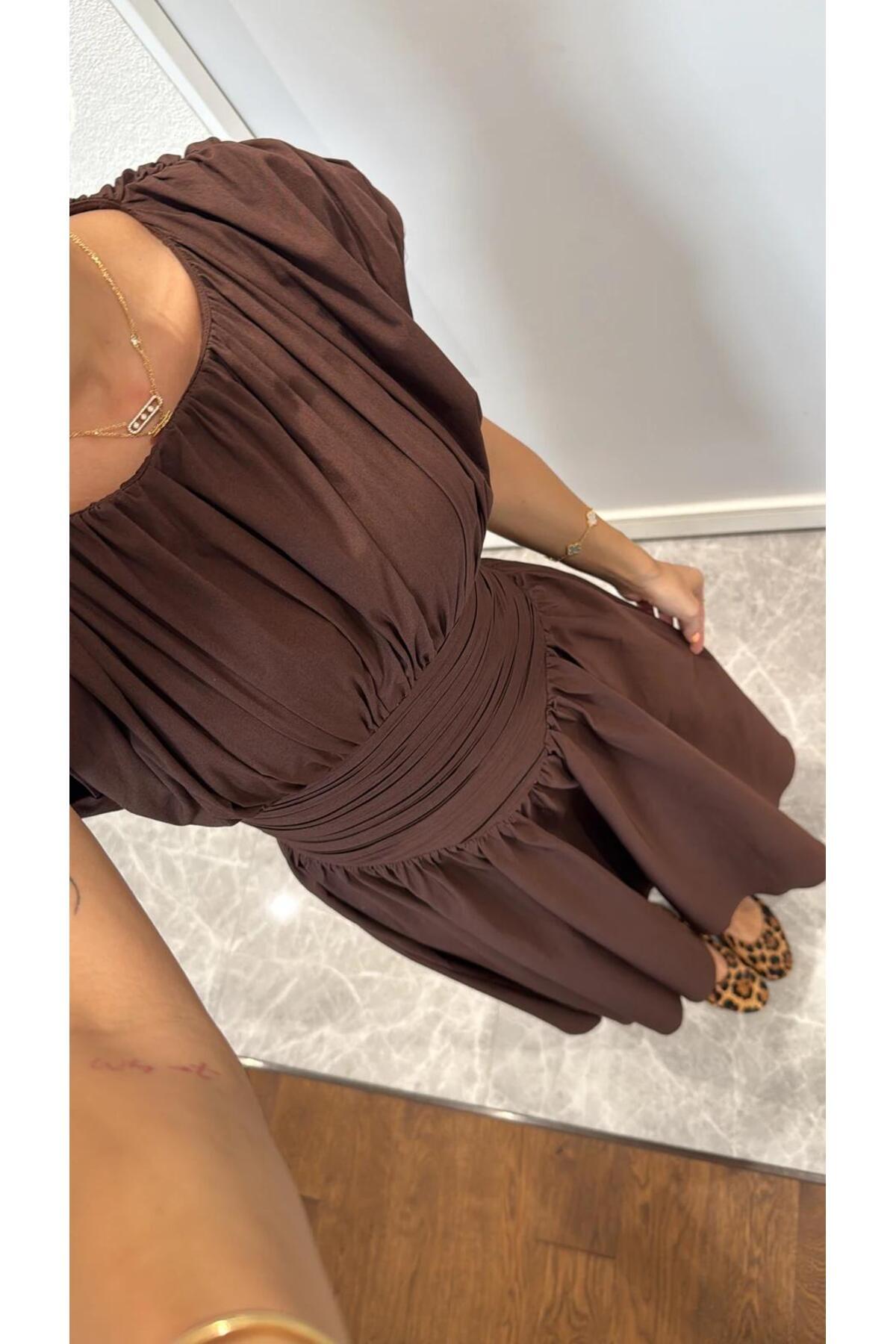 Genel Markalar  drapeli geniş çan etek beli büzgü tasarım kısa kollu bele oturan pinterest şık muadil midi elbise - Görsel 6