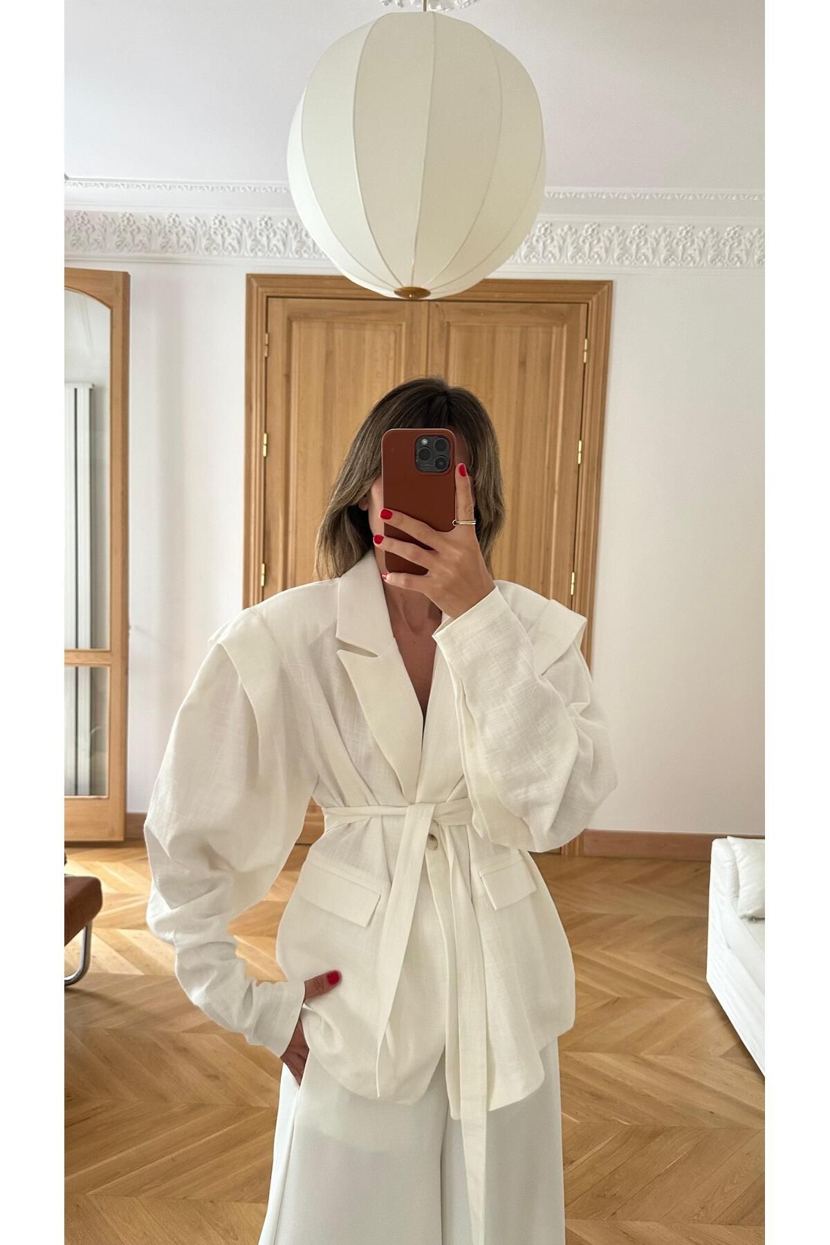 Hotfashion KOLLARI DRAPELİ VATKALI KUŞAKLI CEKET