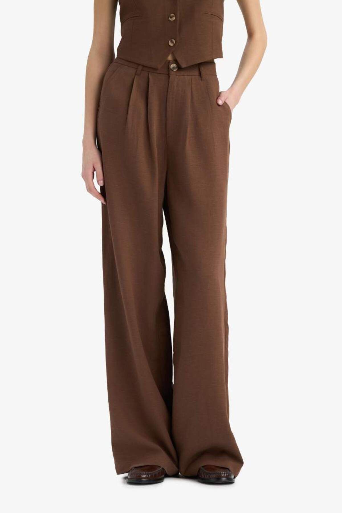 DeFacto Yeni Sezon Wide Leg Fermuarlı Normal Bel Standart Boy Geniş Paça Keten Karışımlı