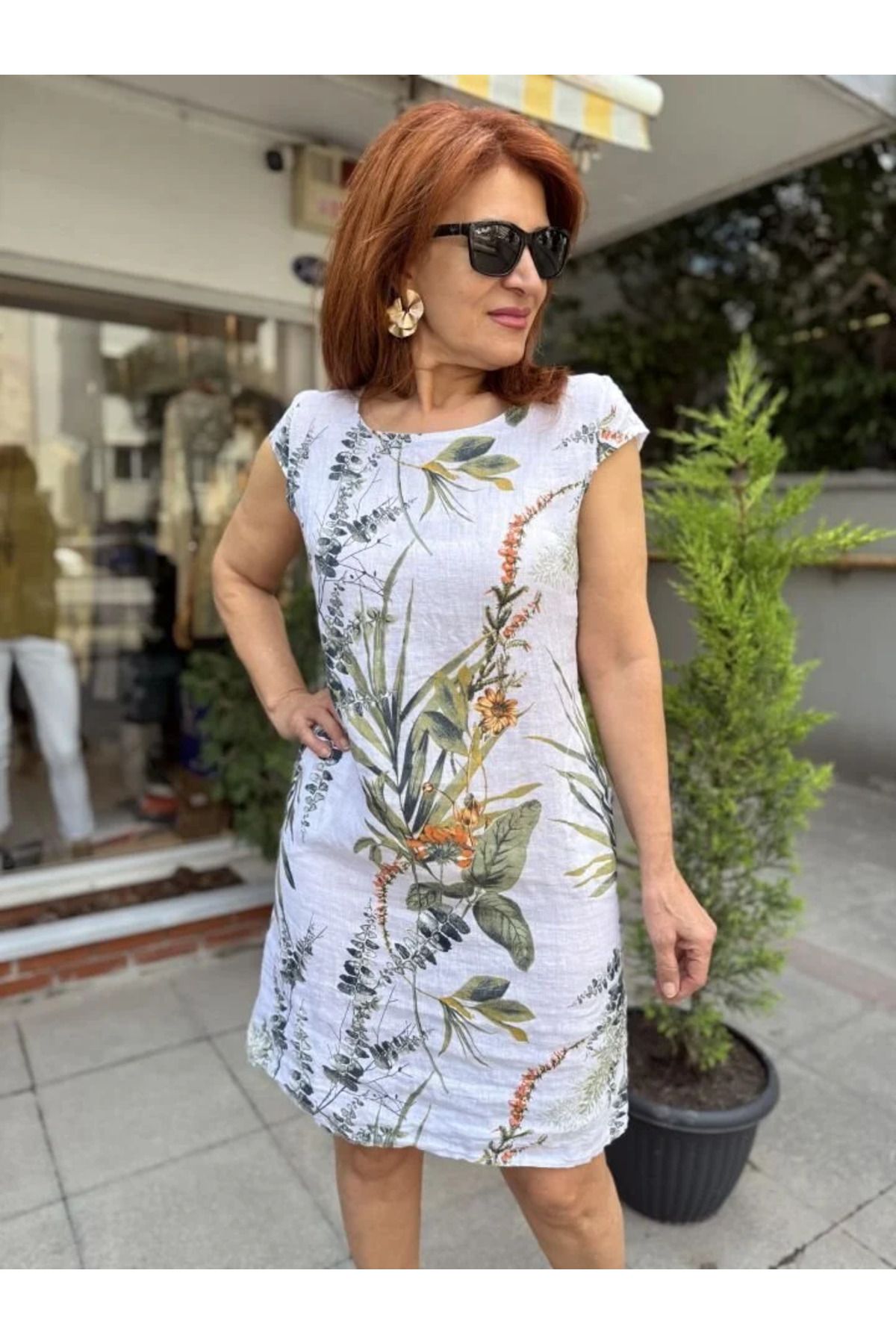 DenizEge Leaf İtalyan Keten Elbise Beyaz