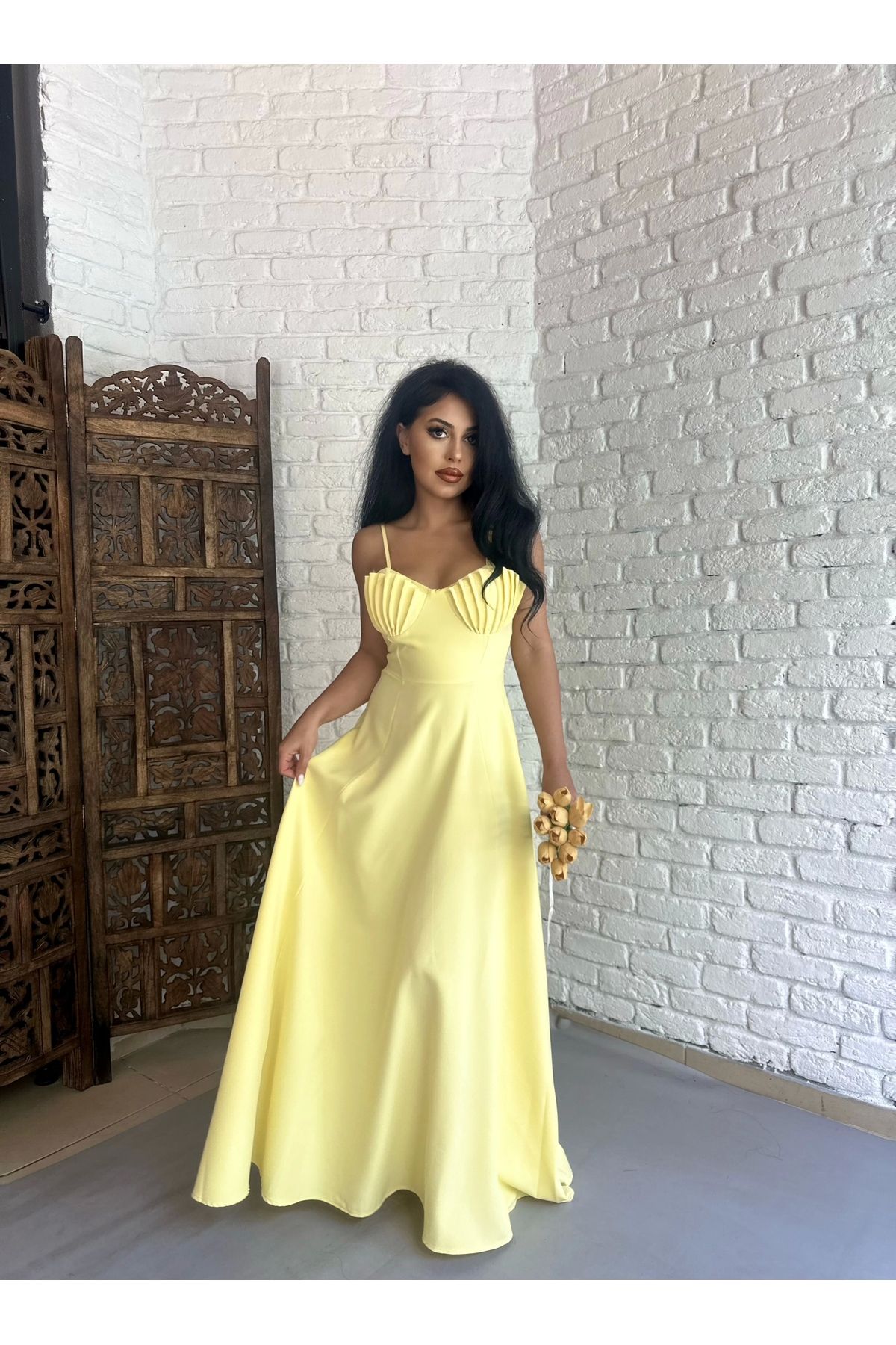 moneta boutique Kadın İstiridye Göğüs Detaylı Uzun Askılı Elbise