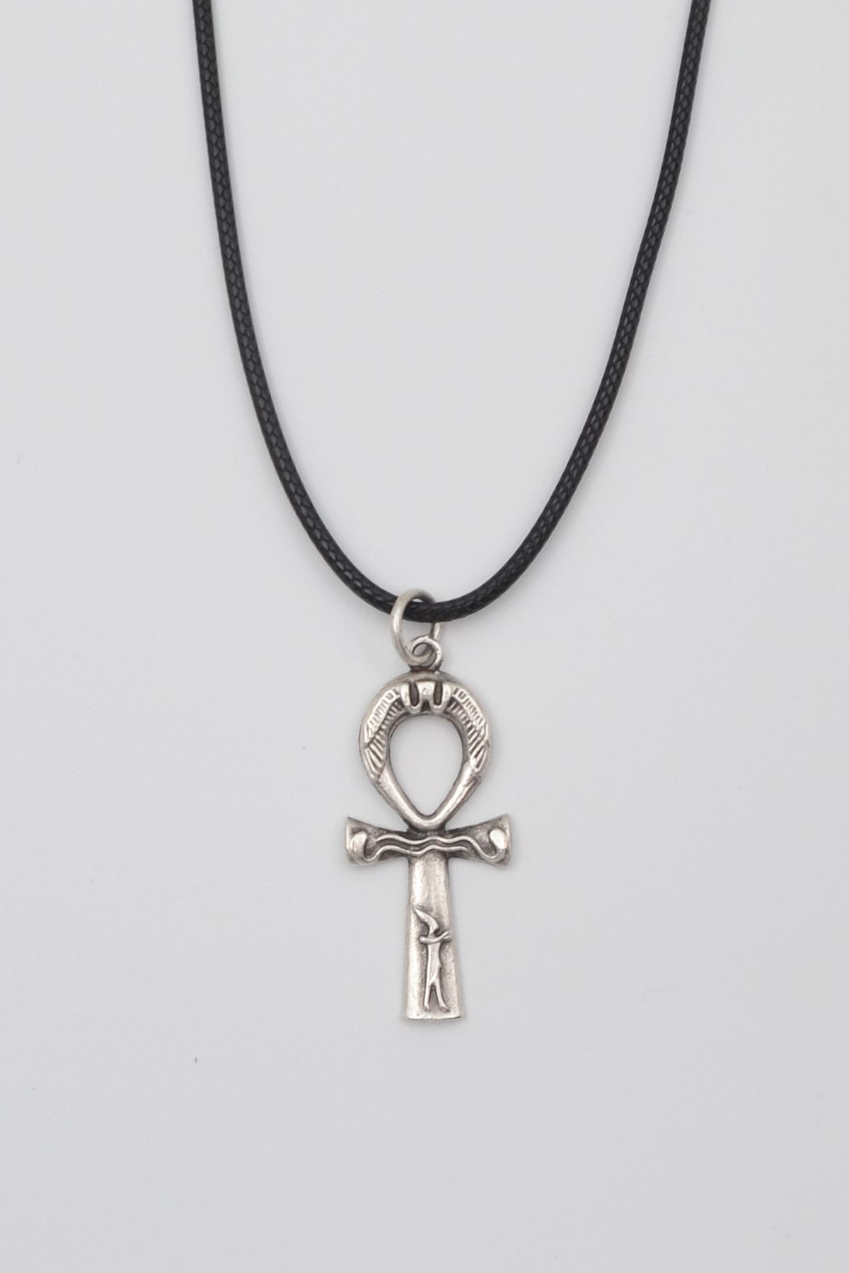 Defnems Accessories Ankh Yaşam Kolye - PU Deri İp Zincirli Unisex Gümüş Kaplama Mısır Sembolü - 60 cm