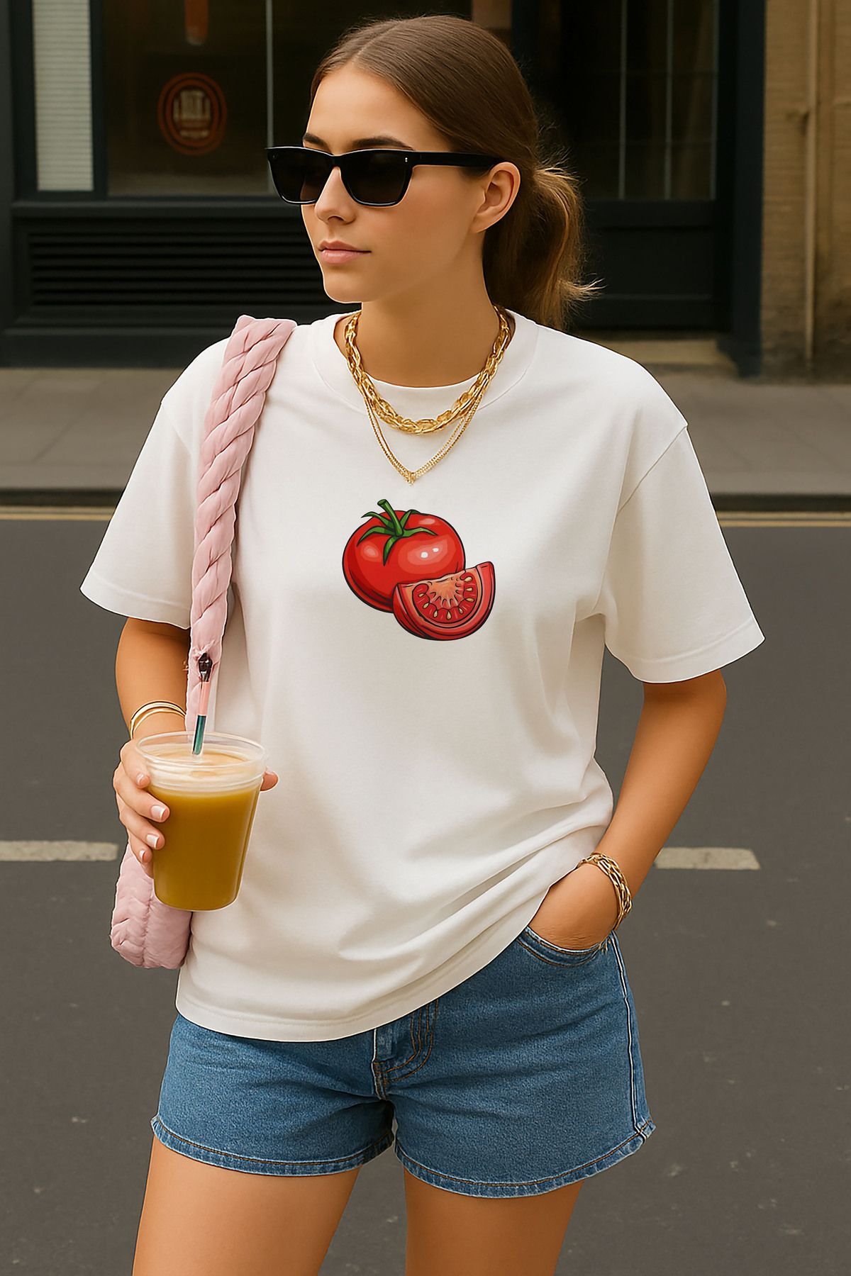 sielta Domates Baskılı Oversize Kadın Pamuklu Beyaz Tişört T-shirt
