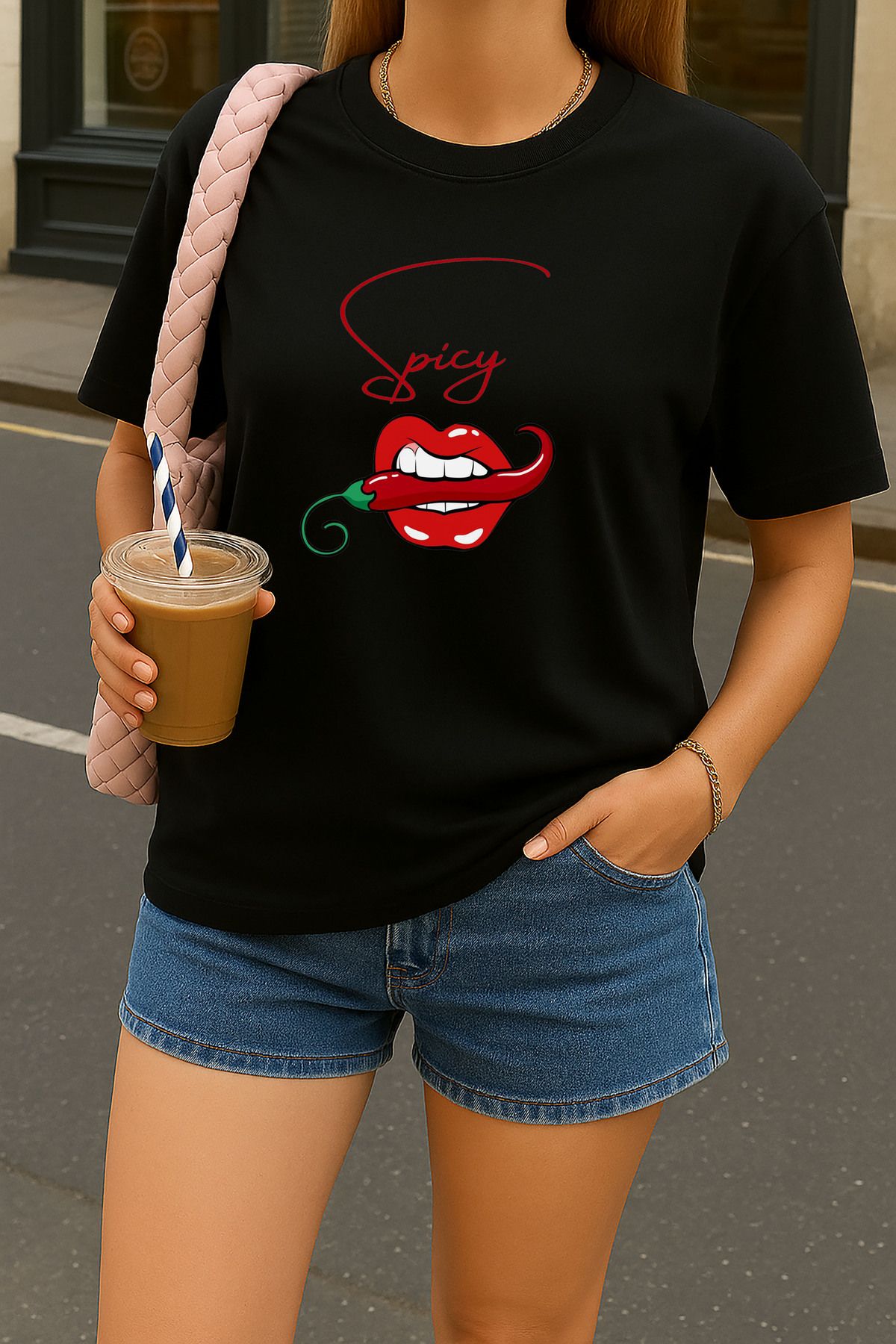sielta Acı Biber Spicy Baskılı Oversize Kadın Pamuklu Siyah Tişört T-shirt