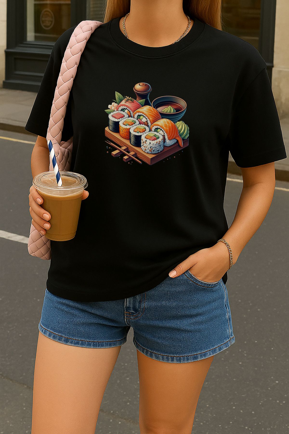 sielta Suşi Baskılı Oversize Kadın Pamuklu Siyah Tişört T-shirt