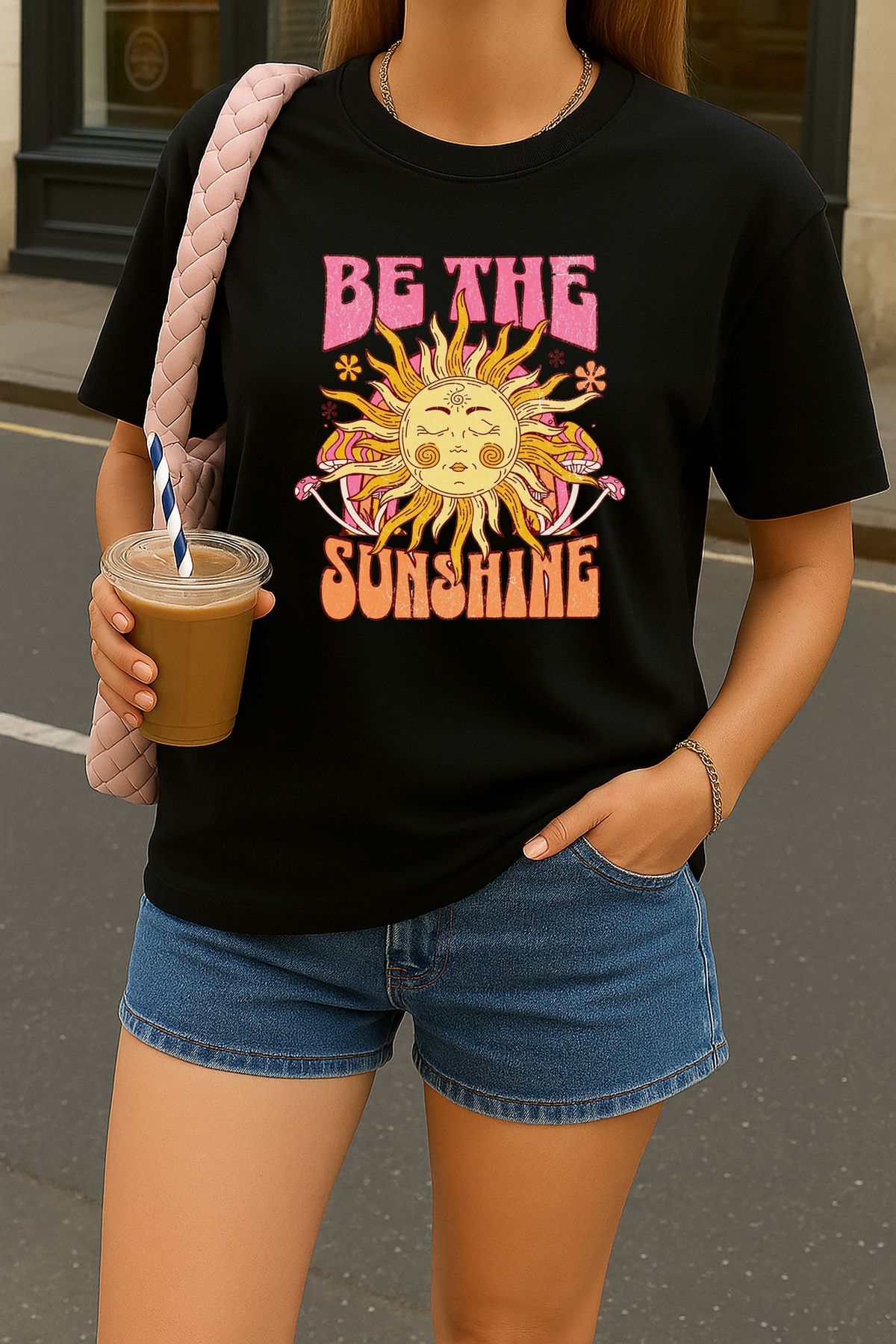 sielta Be The Sunshine Güneş Baskılı Oversize Kadın Pamuklu Siyah Tişört T-shirt
