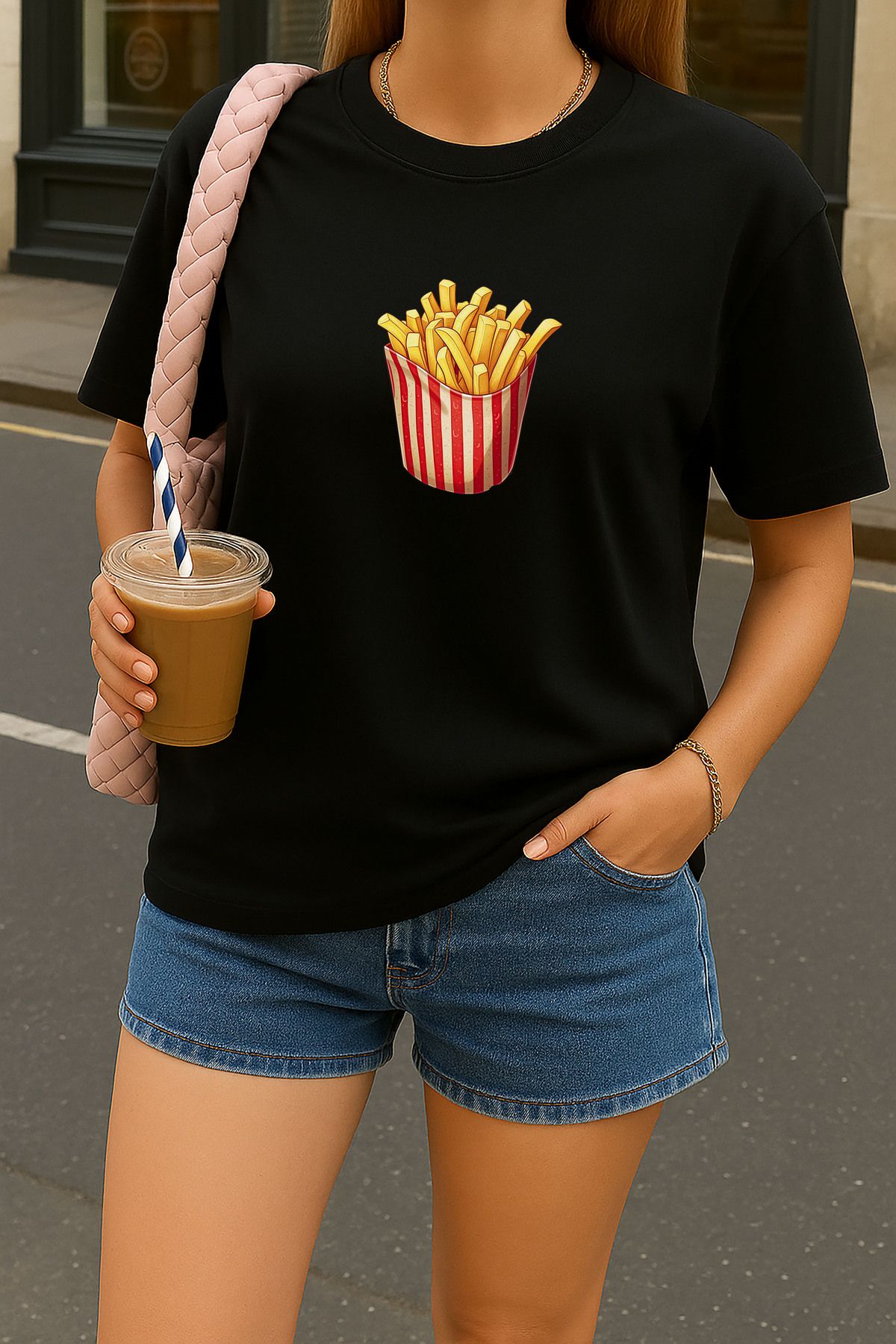 sielta Patates Kızartması Baskılı Oversize Kadın Pamuklu Siyah Tişört T-shirt