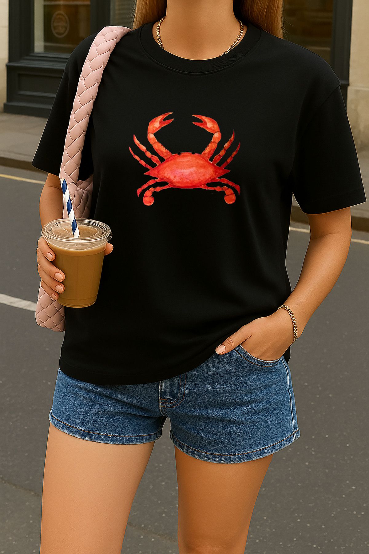 sielta Istakoz Lobster Baskılı Oversize Kadın Pamuklu Siyah Tişört T-shirt