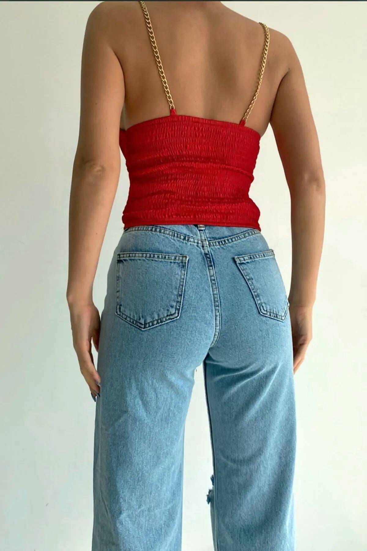 BENİMOLMALI Saten Zincir Askılı Crop Bra Destekli Crop Askılı Crop Büstiyer Gipeli Crop görsel 4