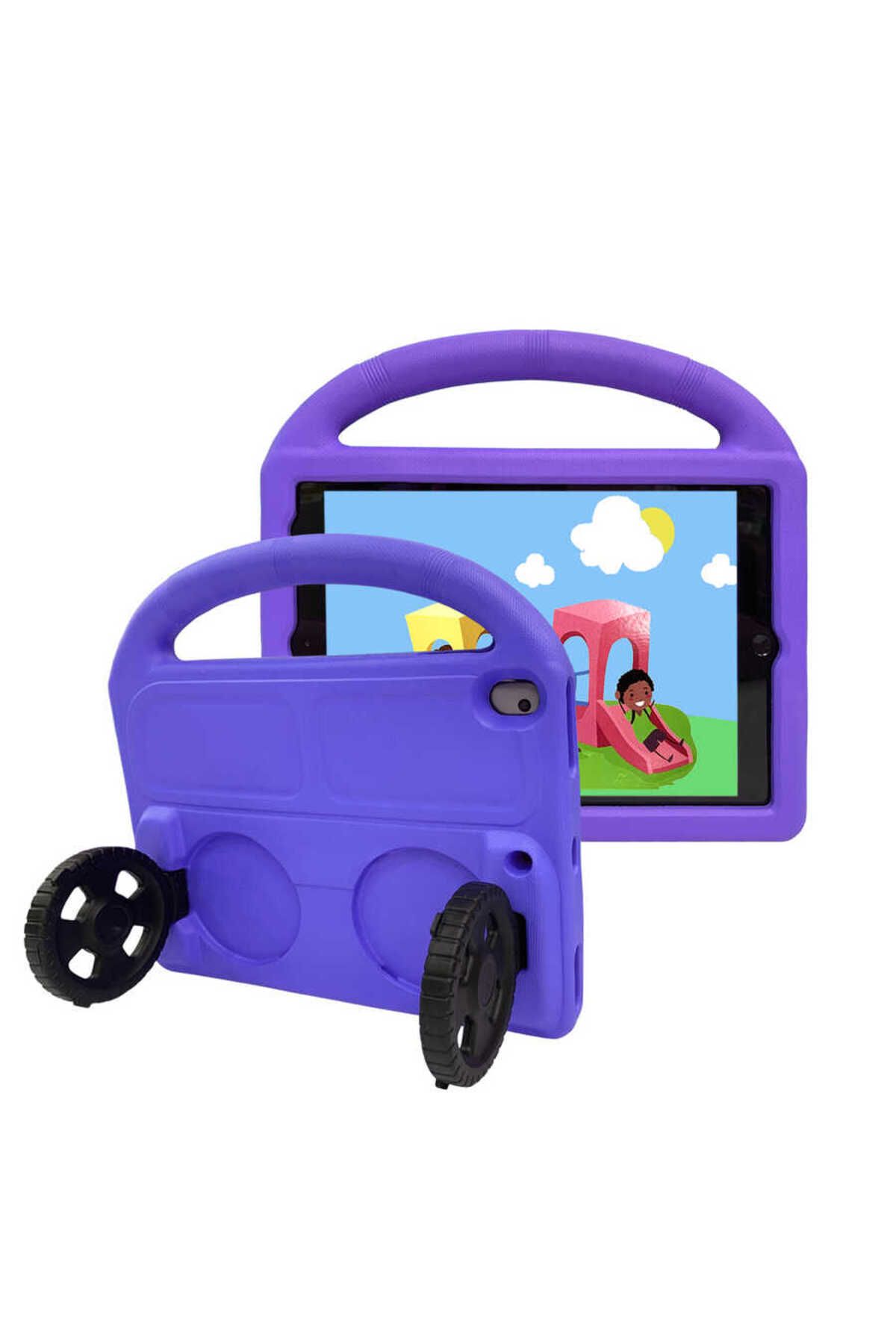 Teknodur iPad 10.2 (9.Nesil) Uyumlu TKDR Wheel Car Tekerlek Standlı Tablet Eva Silikon Kılıf-Mor