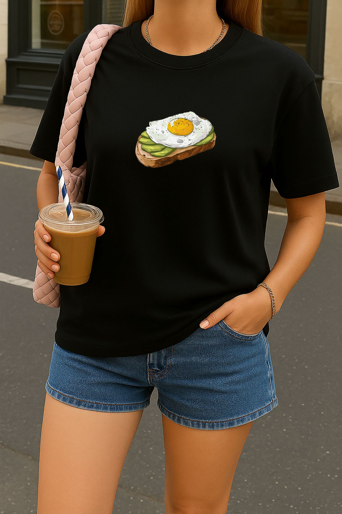 sielta Avakado Baskılı Oversize Kadın Pamuklu Siyah Tişört T-shirt