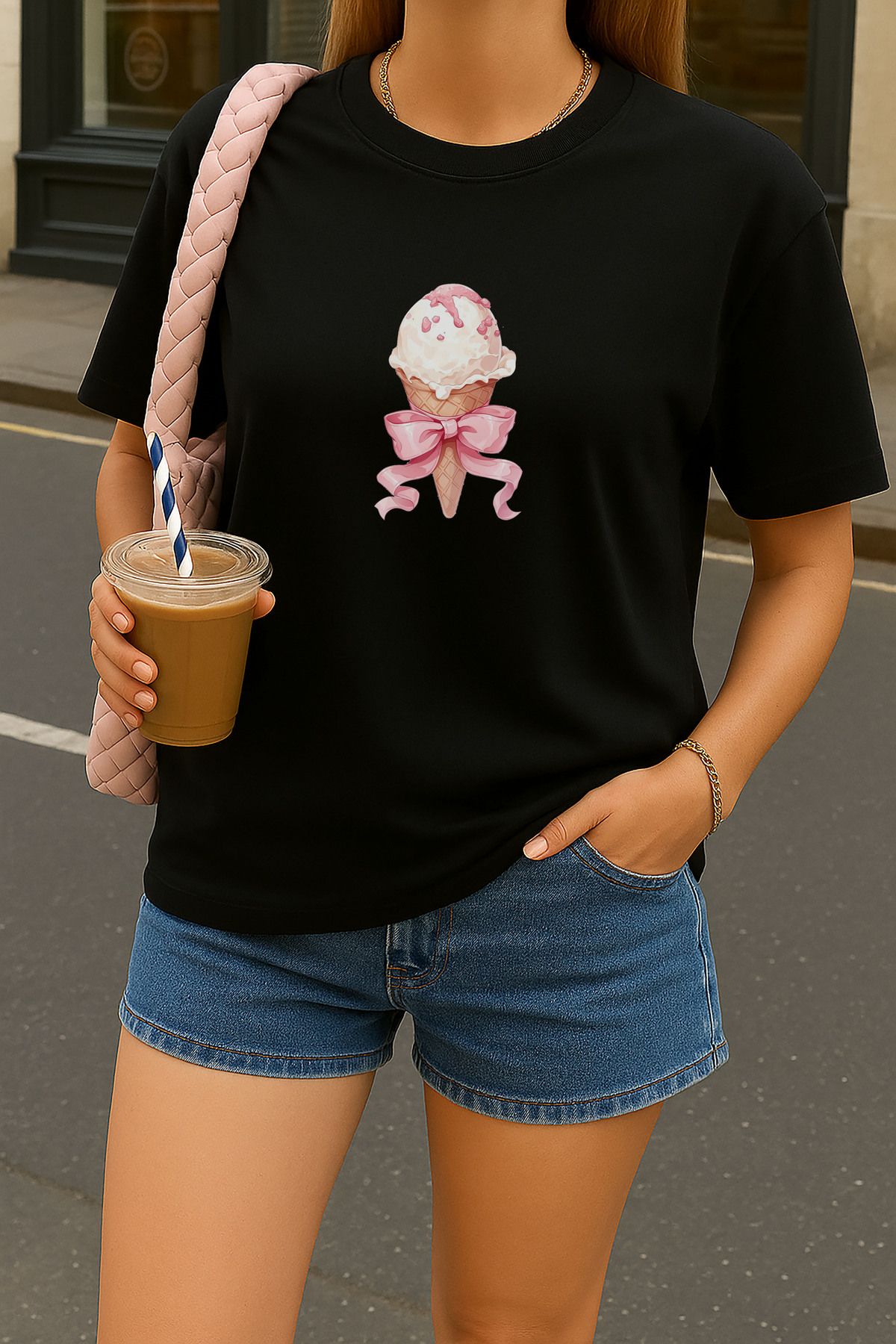 sielta Kurdaleli Dondurma Baskılı Oversize Kadın Pamuklu Siyah Tişört T-shirt