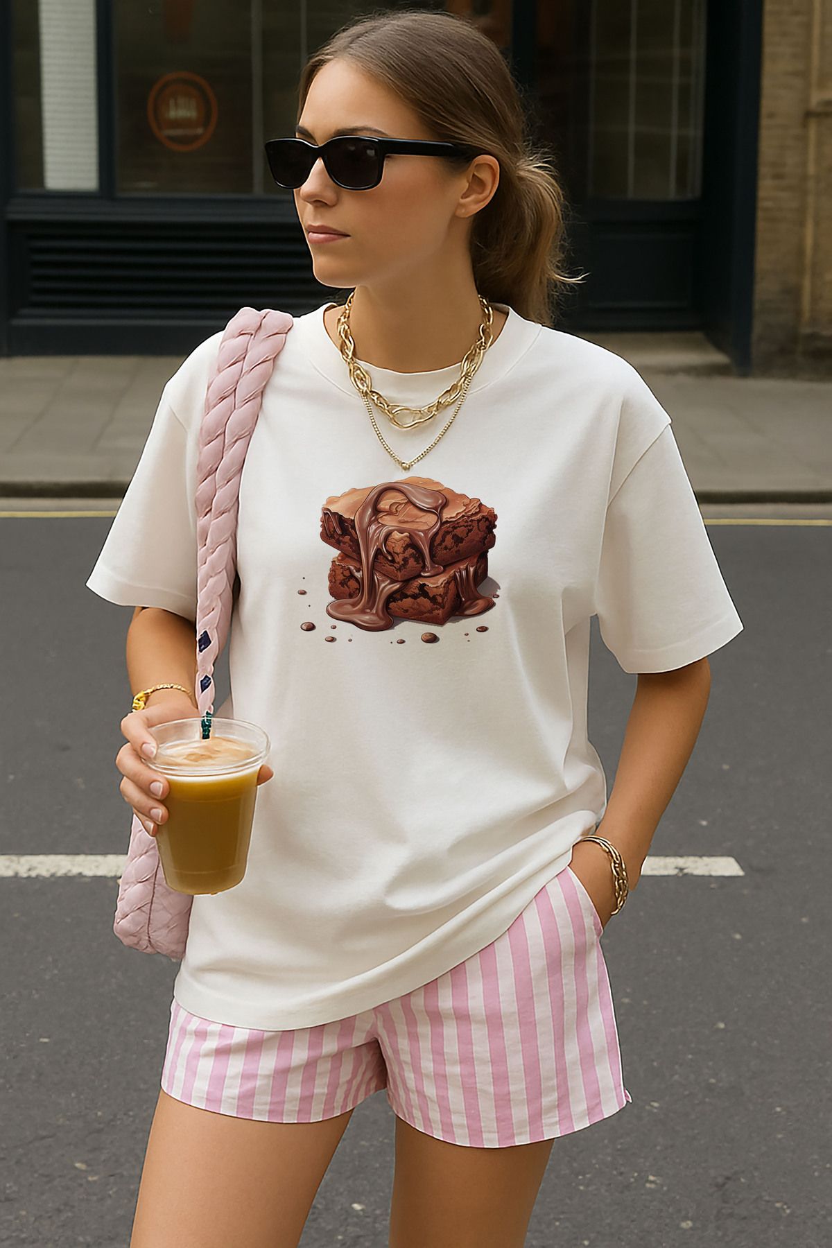 sielta Browni kek Baskılı Oversize Kadın Pamuklu Beyaz Tişört T-shirt