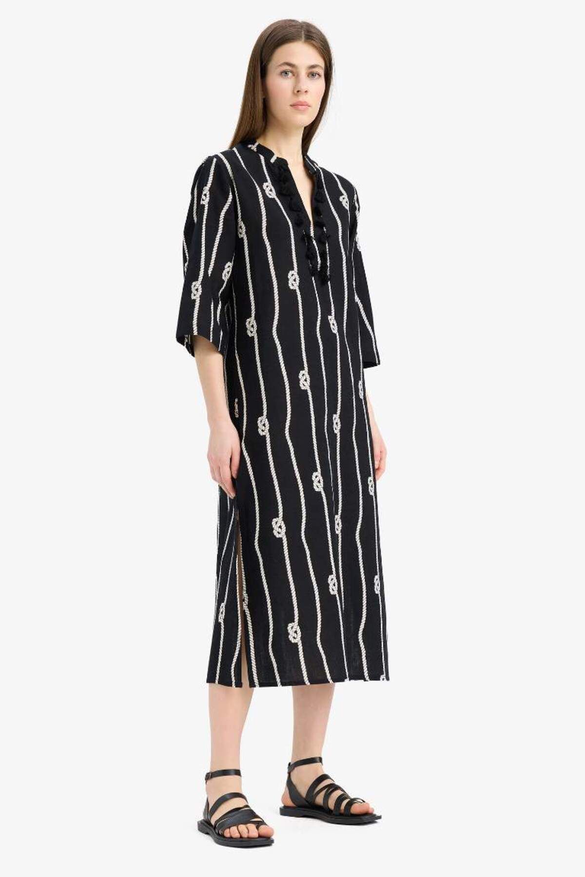 DeFacto Yeni Sezon Regular Fit Desenli Pamuklu Midi Plaj Elbisesi-Fall in Love