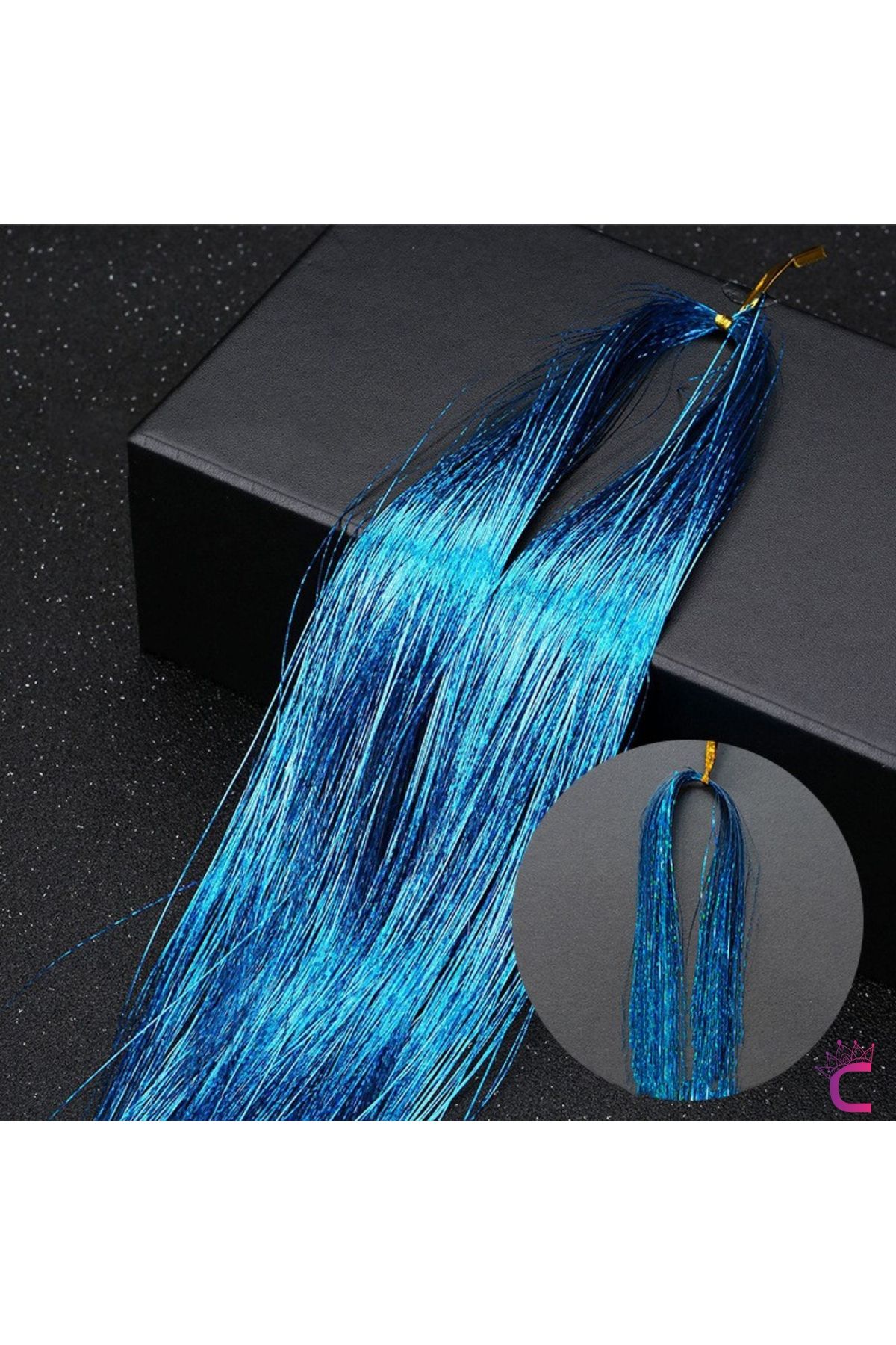 Cinderella Deniz Mavi Renkli Hair Tinsel Saç Simi 120cm - Simli Saç Aksesuarı Örme Postiş Saça Bağlanan Model