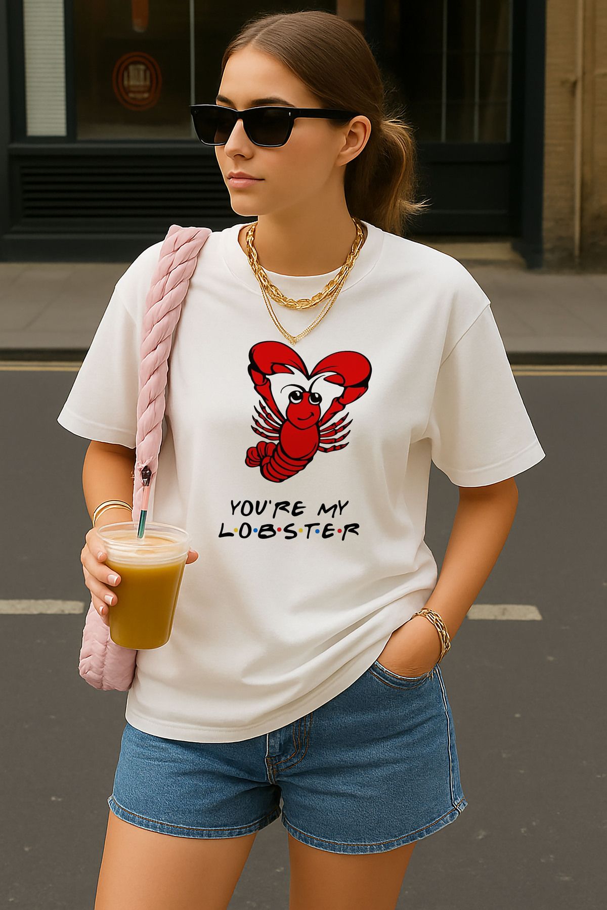 sielta Istakoz Baskılı Oversize Kadın Pamuklu Beyaz Tişört T-shirt