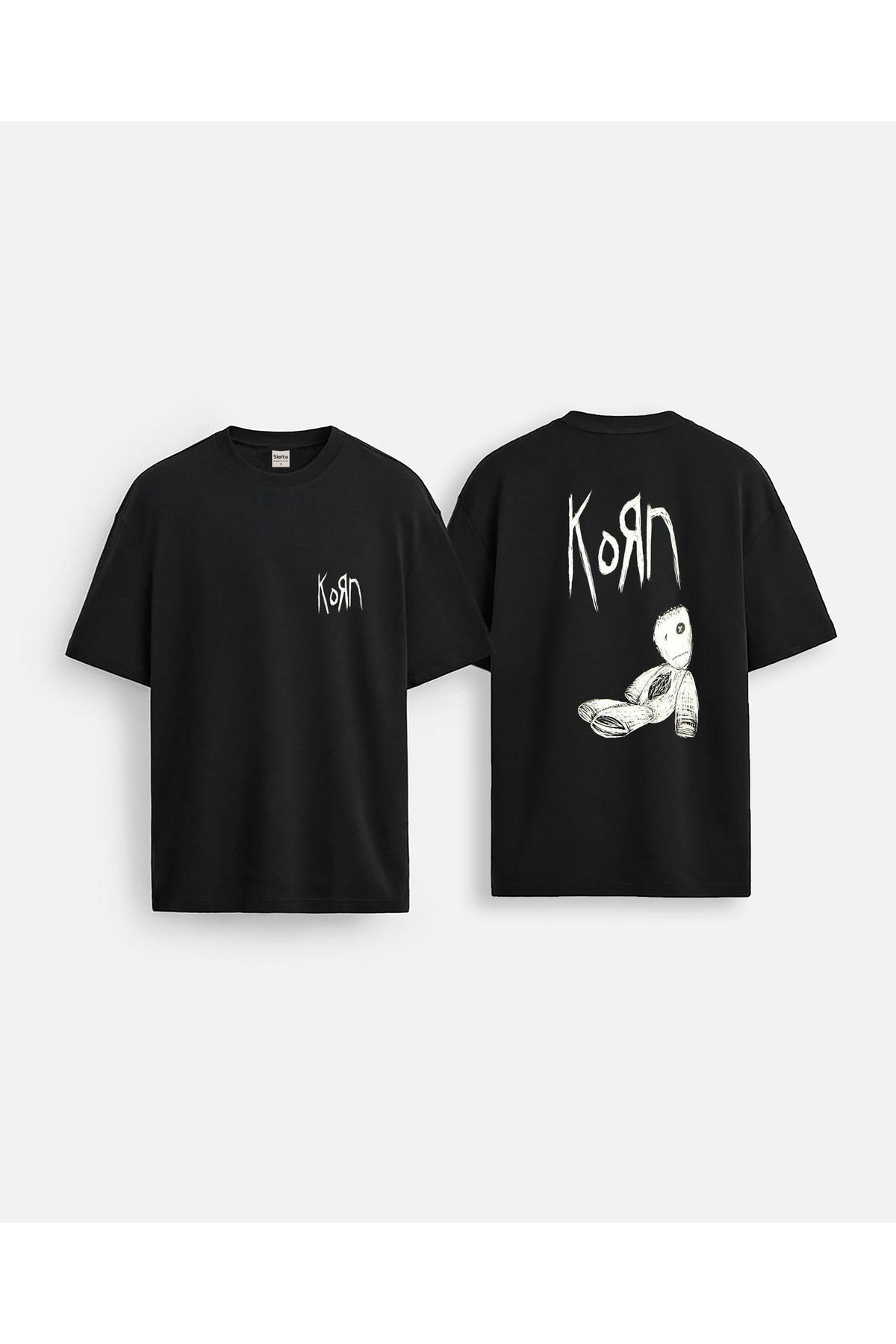 sielta Korn Müzik grubu Baskılı Oversize Pamuklu Çift Taraflı Siyah Tişört T-shirt
