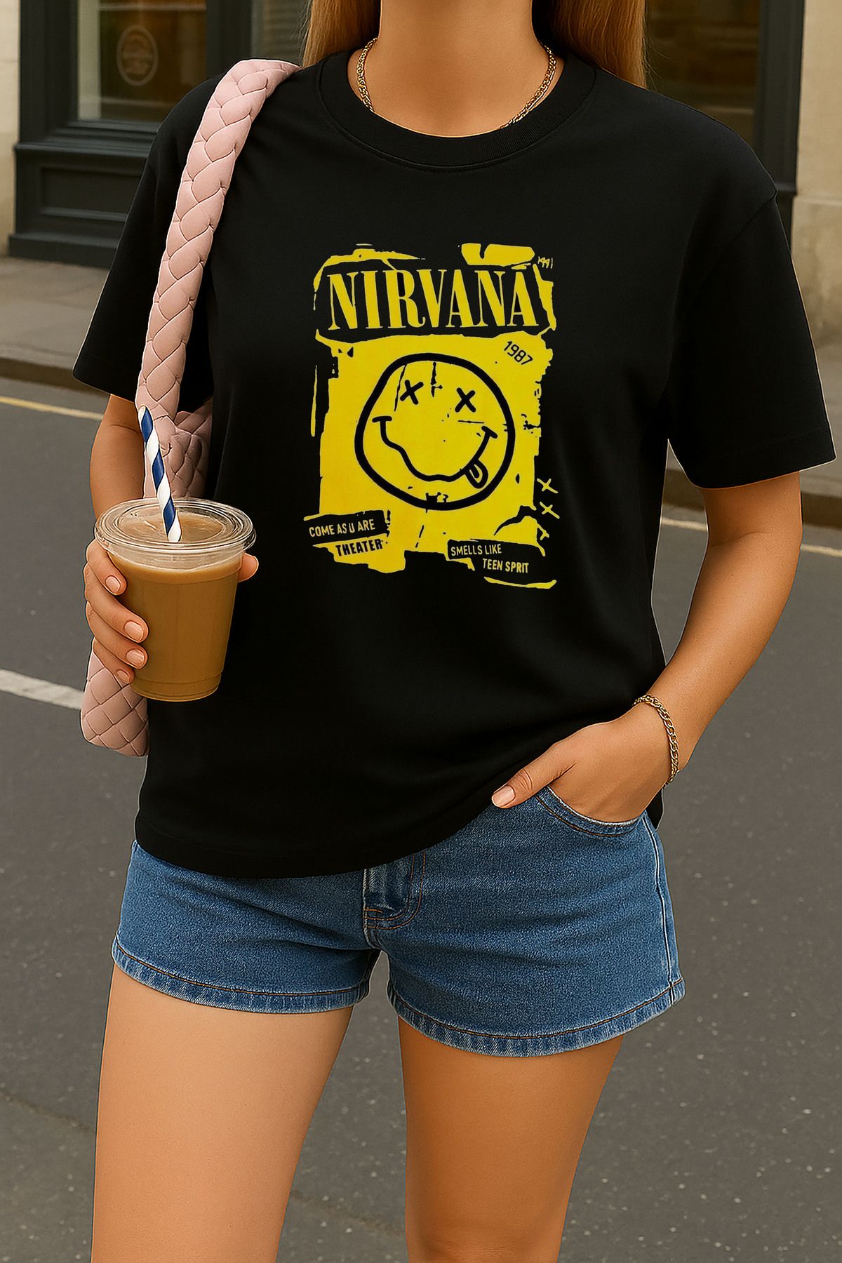 sielta Nirvana Müzik grubu Baskılı Oversize Kadın Pamuklu Siyah Tişört T-shirt