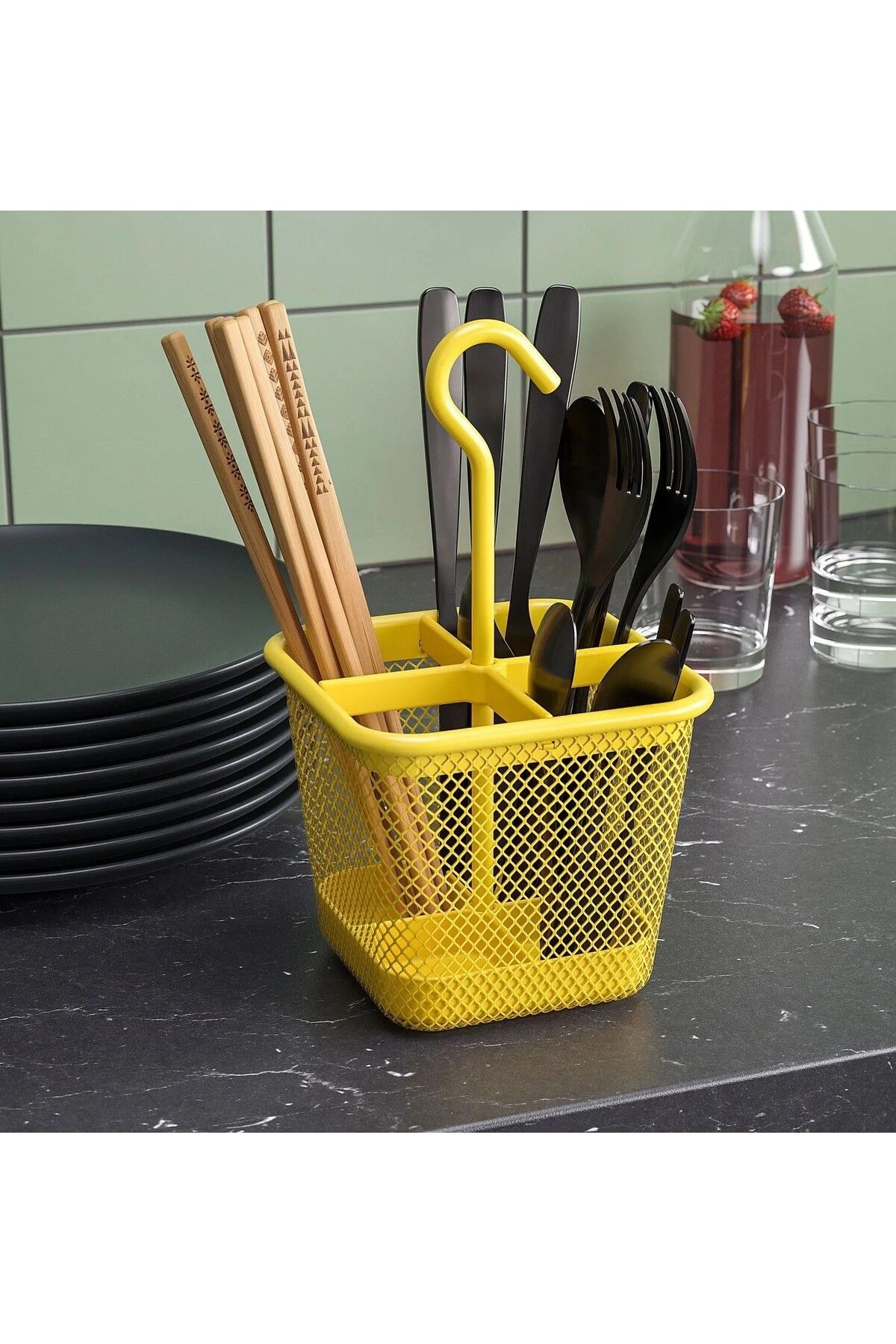 IKEA 4 Bölmeli Asılabilir Çatal Kaşıklık Bıçaklık 12x12x24 Cm İkea Çelik Askılı Organizer Sarı Renk