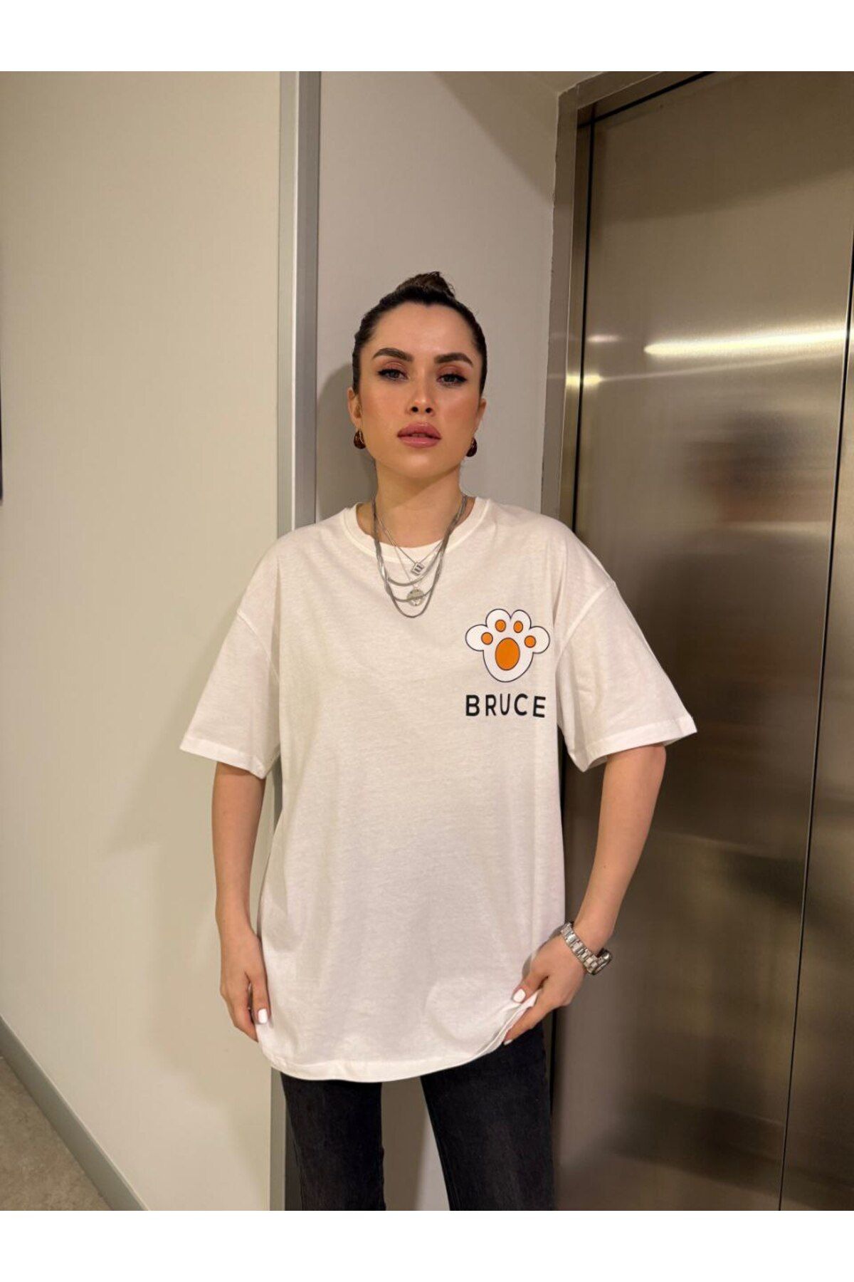 Orihime Kadın Baskılı Bisiklet Yaka Oversize Kısa Kollu Tişört