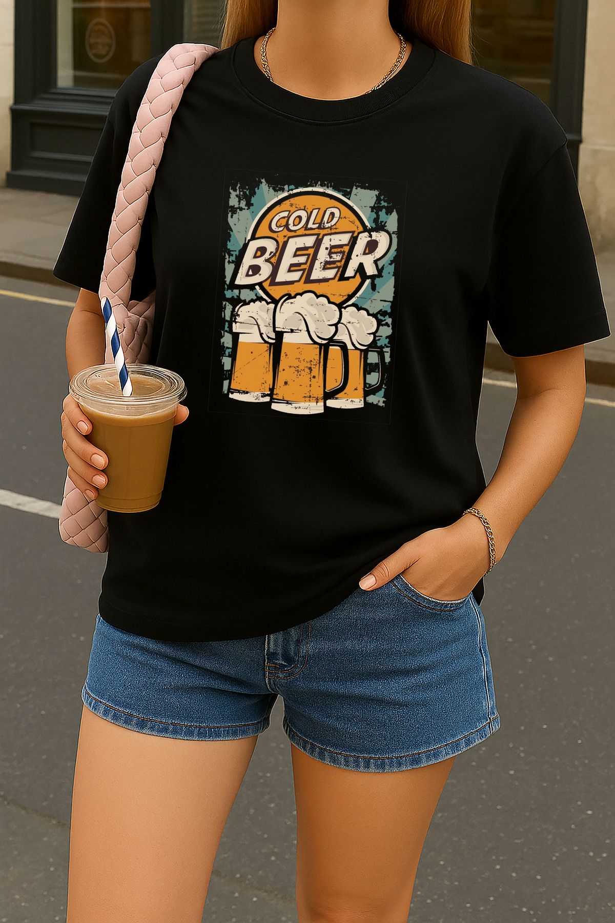 sielta Bira Beer Baskılı Oversize Kadın Pamuklu Siyah Tişört T-shirt