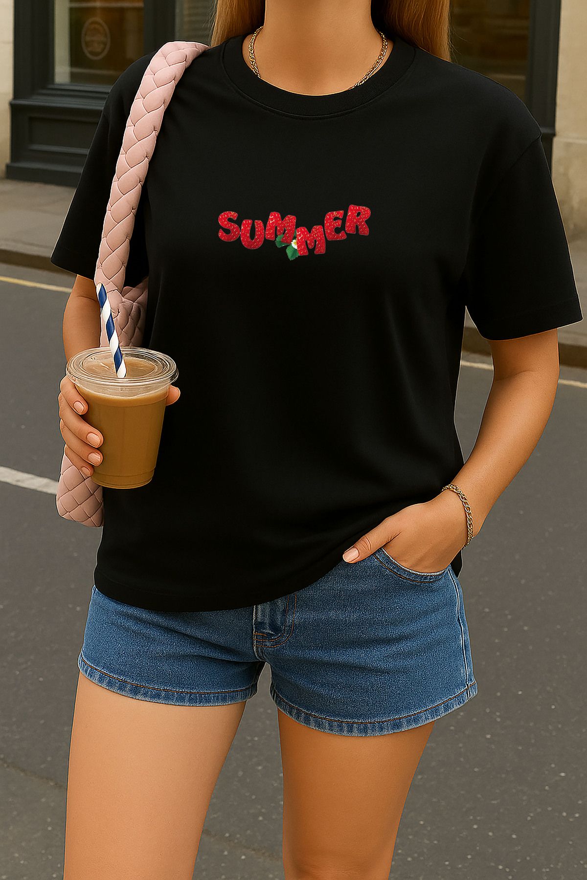 sielta Çilekli Summer Yazı Baskılı Oversize Kadın Pamuklu Siyah Tişört T-shirt