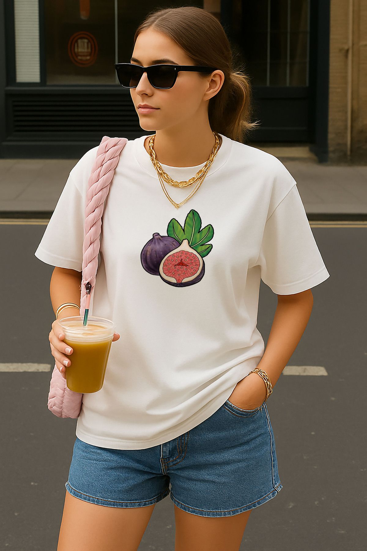 sielta İncir Baskılı Oversize Kadın Pamuklu Beyaz Tişört T-shirt