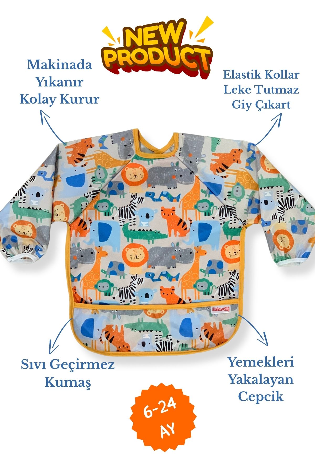 BibKing Sevimli Hayvanlar Desen Uzun Kollu Giyilebilir Sıvı Geçirmez Aktivite Ve Mama Önlüğü 6-24 Ay