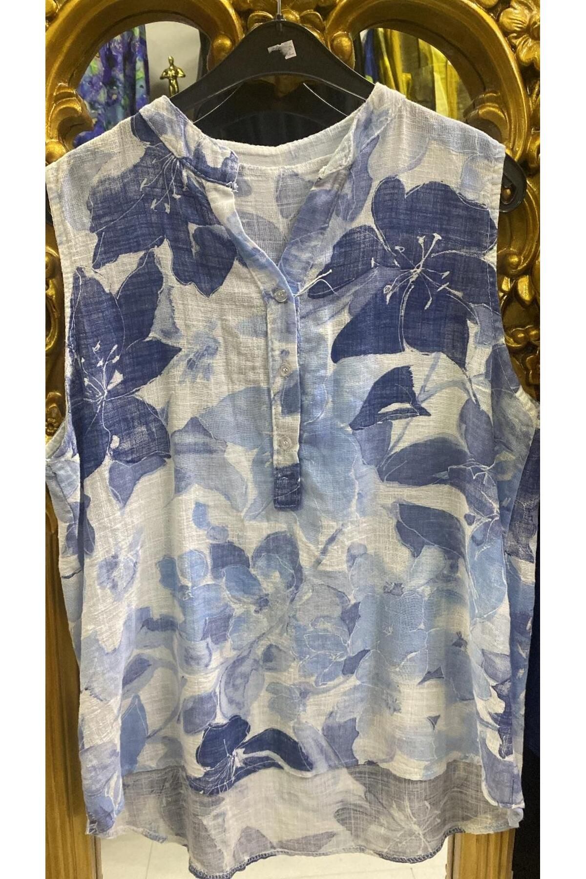 Butik Ayseba Park Moda Kadın Sıfır Kol Desenli İtalyan Keten Gömlek Bluz