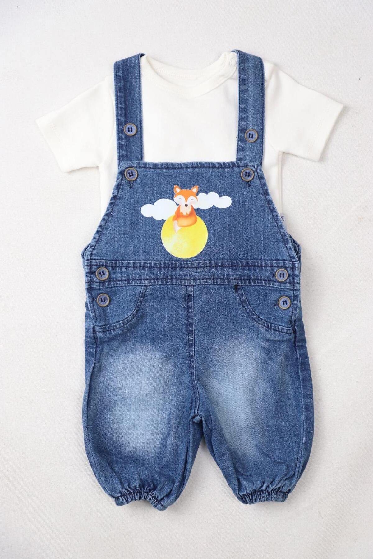 Bulut Baby nakışli Kız Bebek 2li Kot Salopet