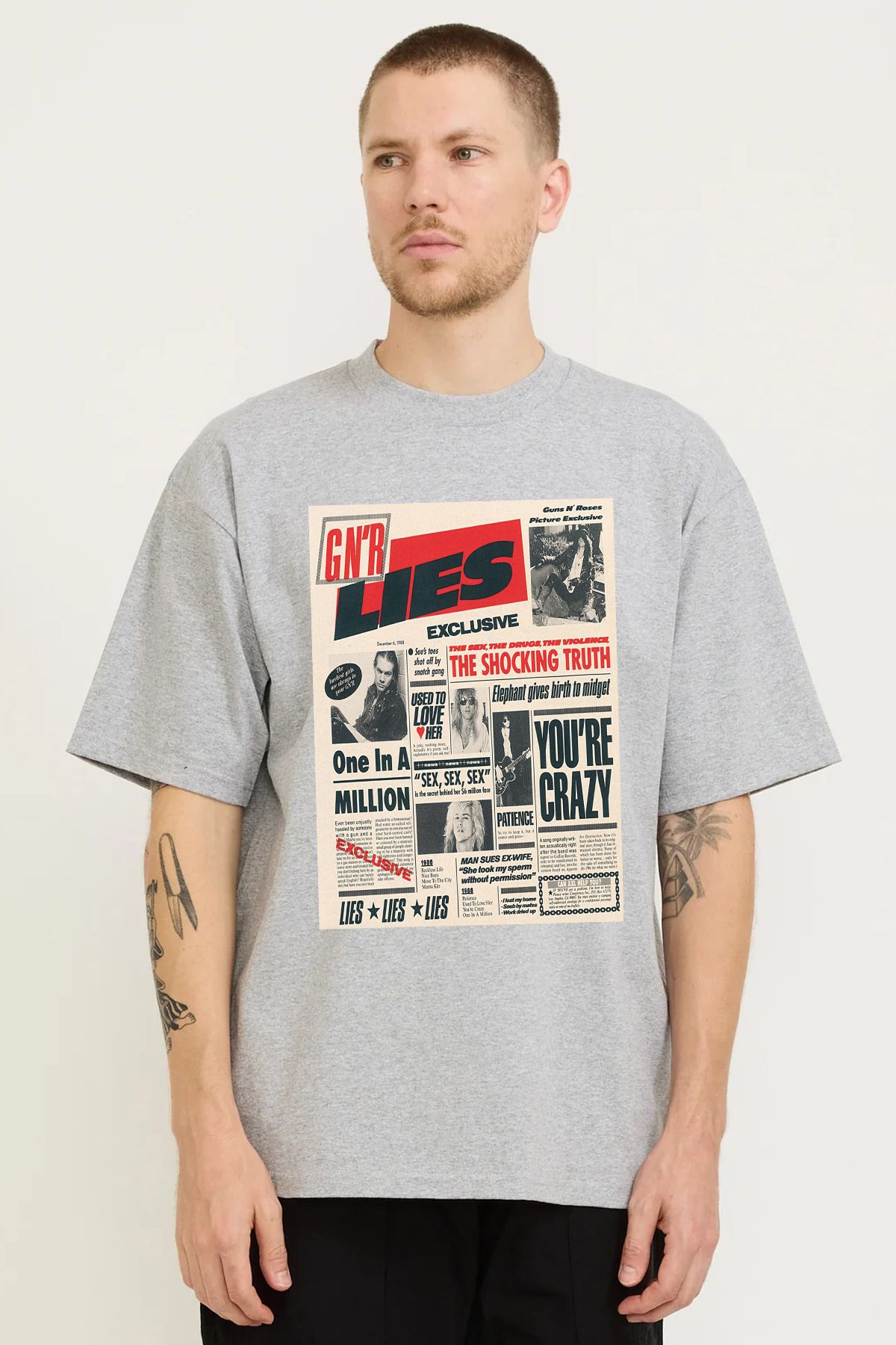 MODA Guns N Roses Lies Baskılı Oversize Kalıp Grimelanj Bol Kesim Erkek Tişört