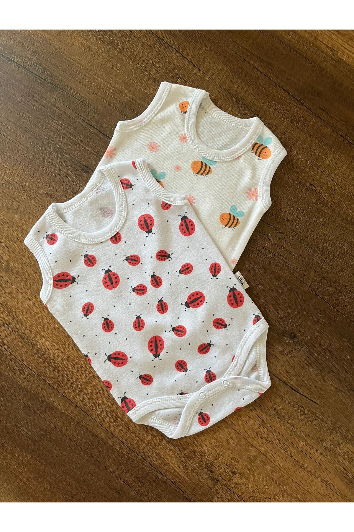 SHOPNEST 2 Adet Kolsuz Bebek Badi Body Zıbın Alttan Çıtçıtlı Bisiklet Yaka Yenidoğan Arı ve Uğur Böceği Desen